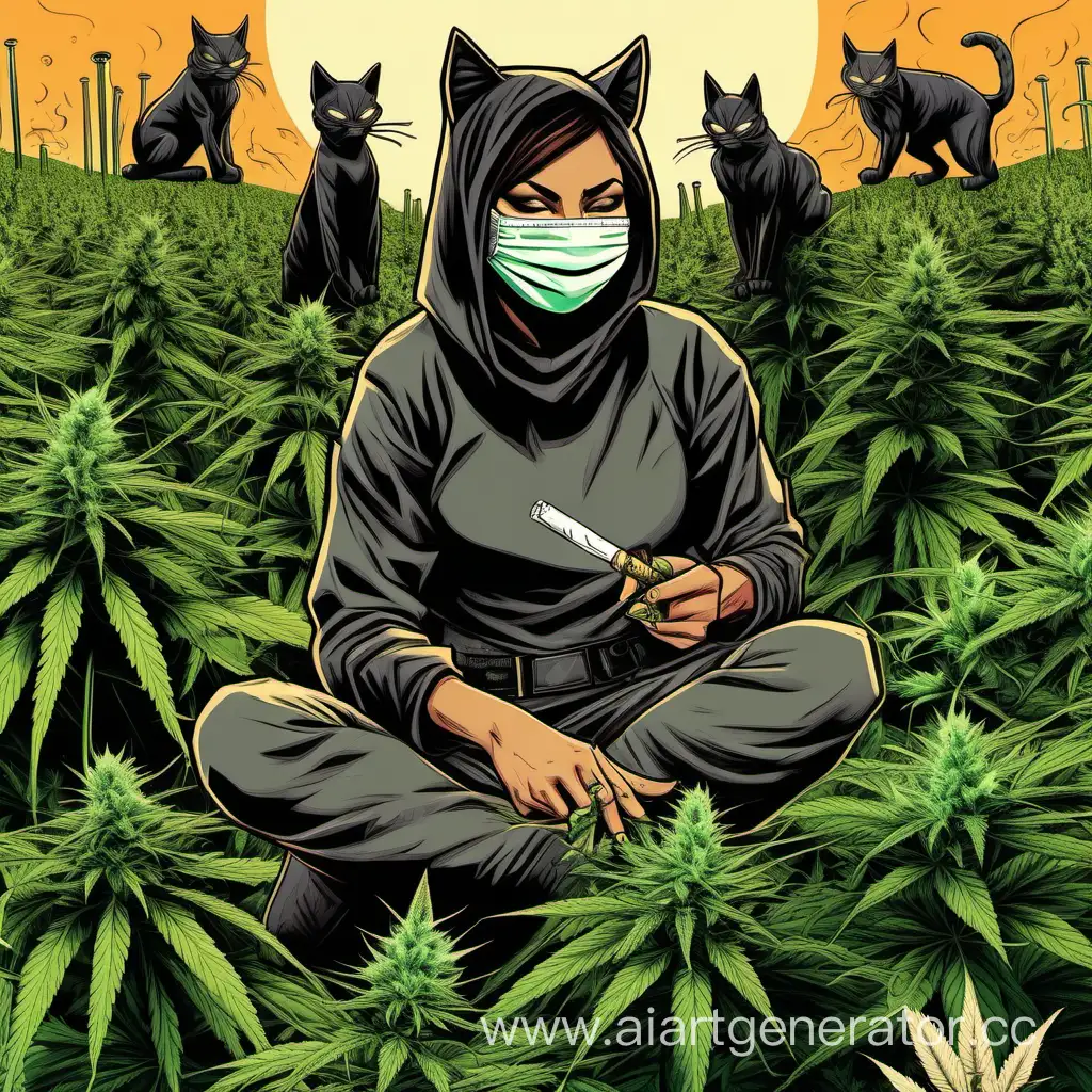 Female-Mexican-Ninja-Smoking-Joint-in-Cannabis-Field-with-Black-Cat-and-Lynx