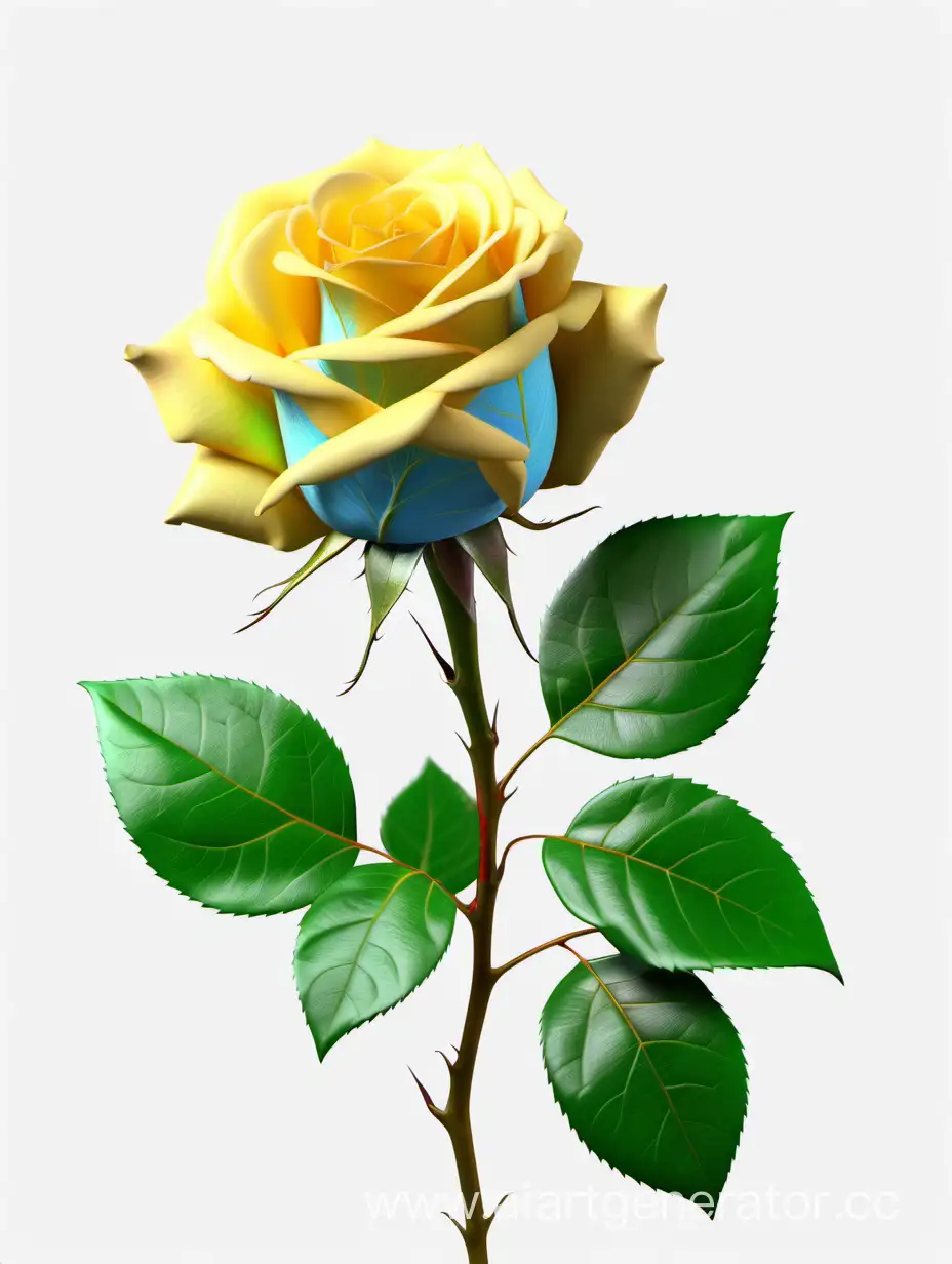 Vibrant-Sky-Blue-and-Yellow-Rose-in-8K-HD-with-Fresh-Lush-Green-Leaves-on-White-Background
