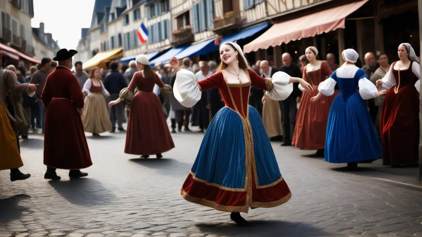 French Woman dancing in the middle of the street, wearing royal clothes, passers by gawking at her, 15th century, french market setting 