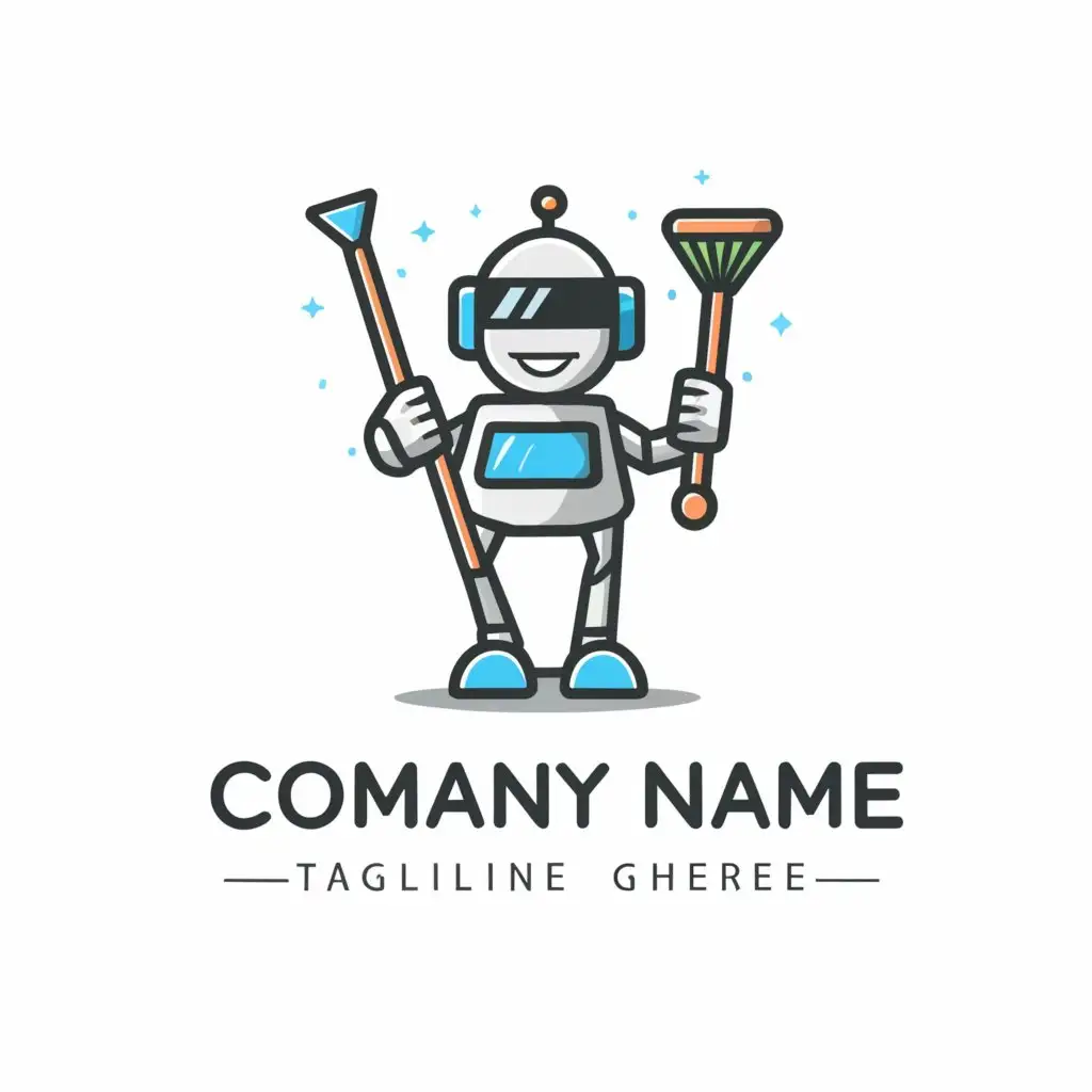 a logo design,with the text "robot that works as a helper at home", main symbol:human robot holding a broom on the left and a mop on the right,Moderate,be used in Technology industry,clear background