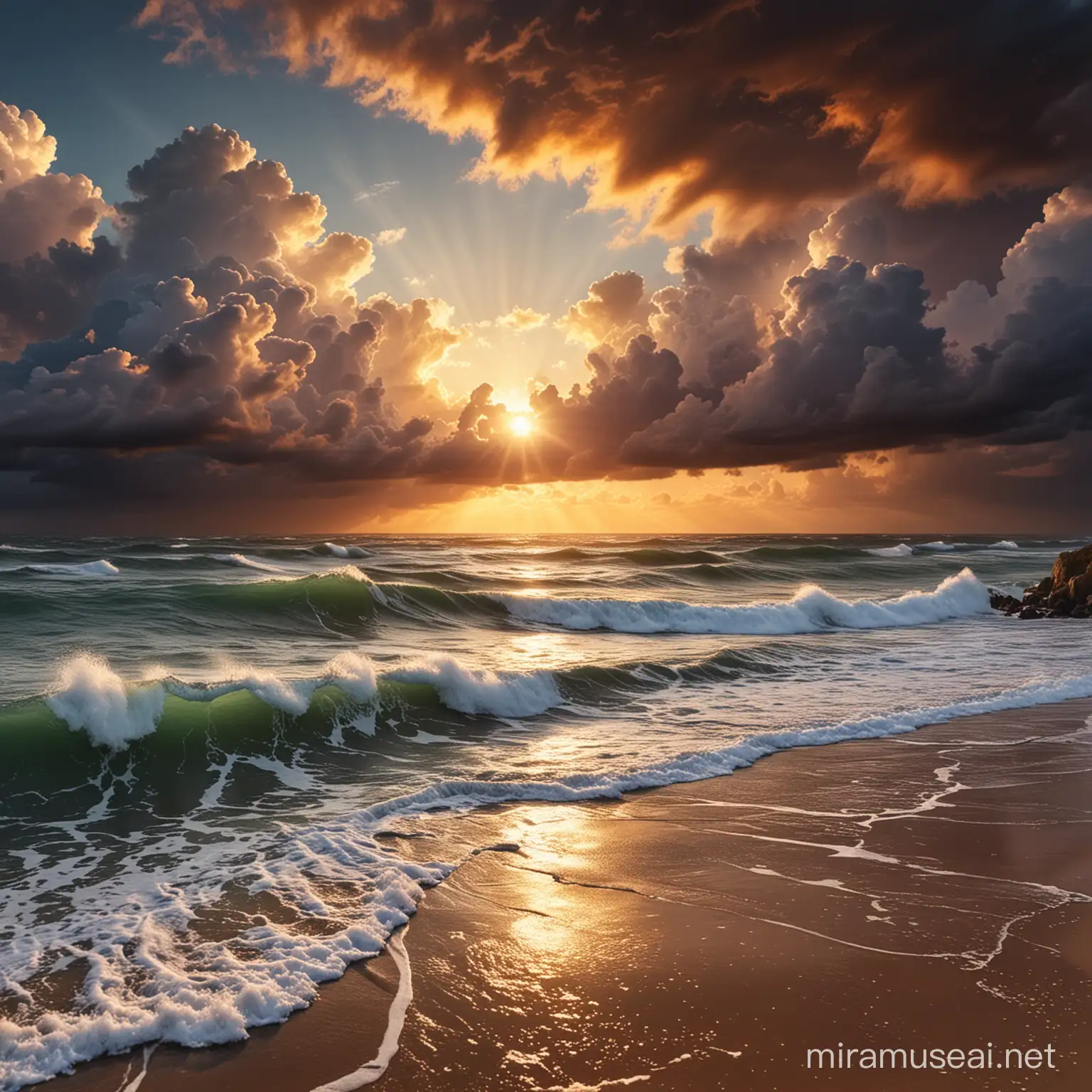 create a picture of a sunset over the ocean waves with storm clouds rolling out, light coming through the storms, and a path in the clouds