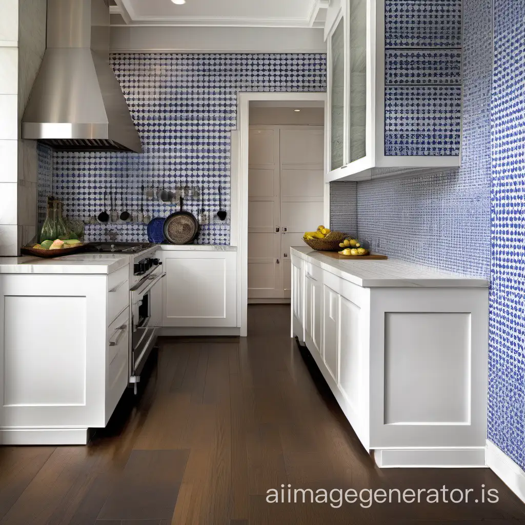 modern kitchen with Portuguese cobalt blue and white tile on walls and wood floors, high definition