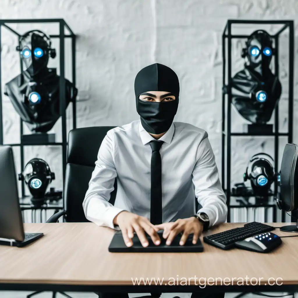 гений молодой узбек с покрытым маской лицом около крутых технологий, в крутом оффисе