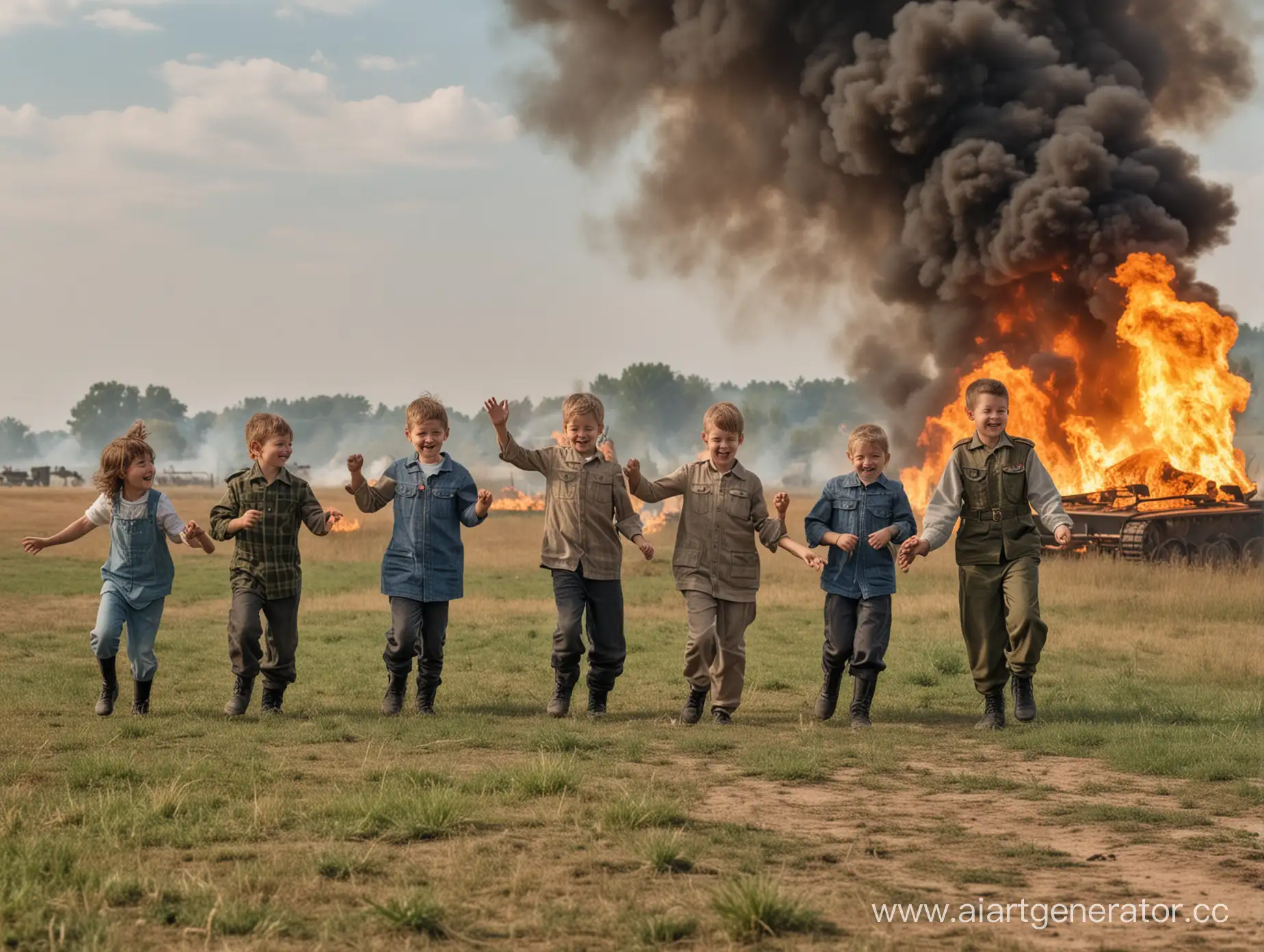 Пятеро радостных семилетних детей танцуют на поле. Позади них пожар, дым, солдаты и танки.