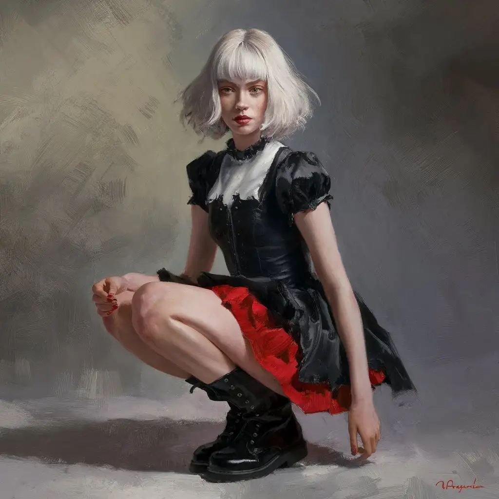 classical oil impressionist Painting of a young woman with white hair with a bob and bangs wearing a short black and red gothic style dress and black boots, full body