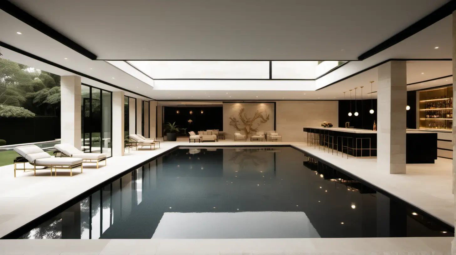 classic contemporary large minimalist home indoor pool; beige, black accents; blonde oak;  limestone; brass; view of the gardens; bar