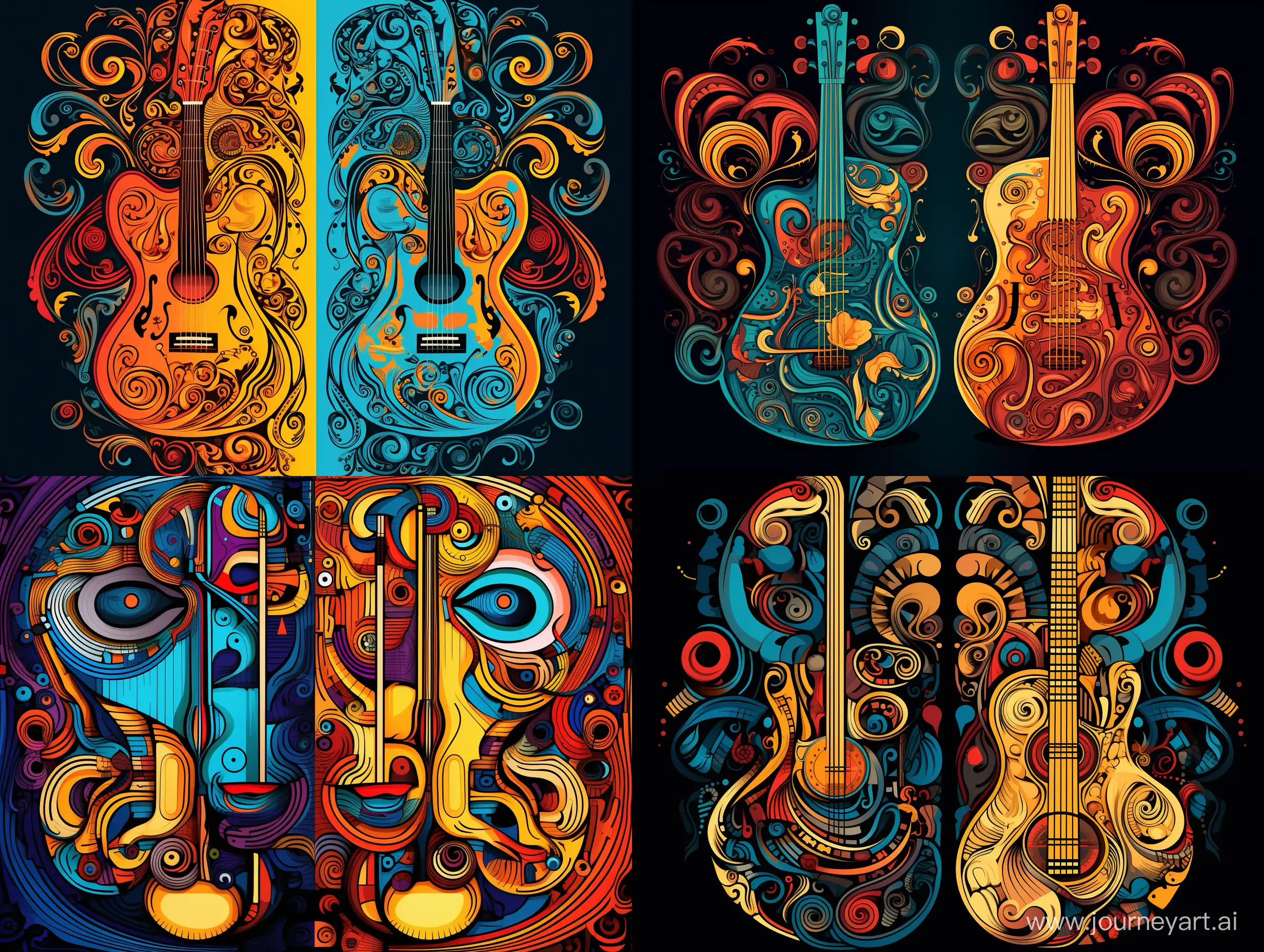 two variants of a symmetrical pattern of musical symbols, lots of details, complex colors, caricature, pop art style