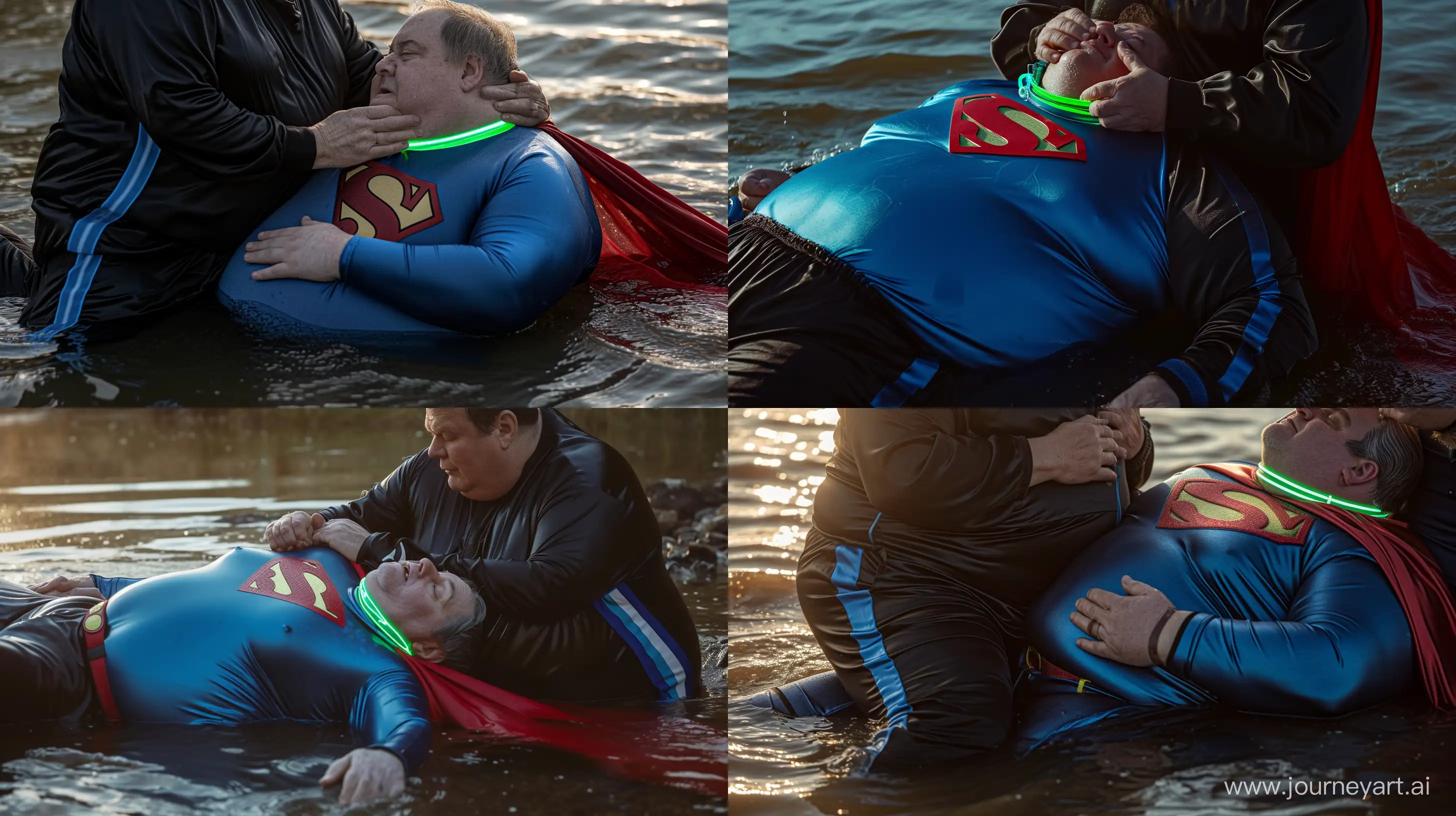Close-up photo of a fat man aged 60 wearing silk black tracksuit with a blue stripe on the pants. He has his hands around the neck of a fat man aged 60 wearing a tight blue 1978 smooth superman costume with a red cape with a tight green glowing neon dog collar on the neck lying in the water. River. Natural Light. --style raw --ar 16:9