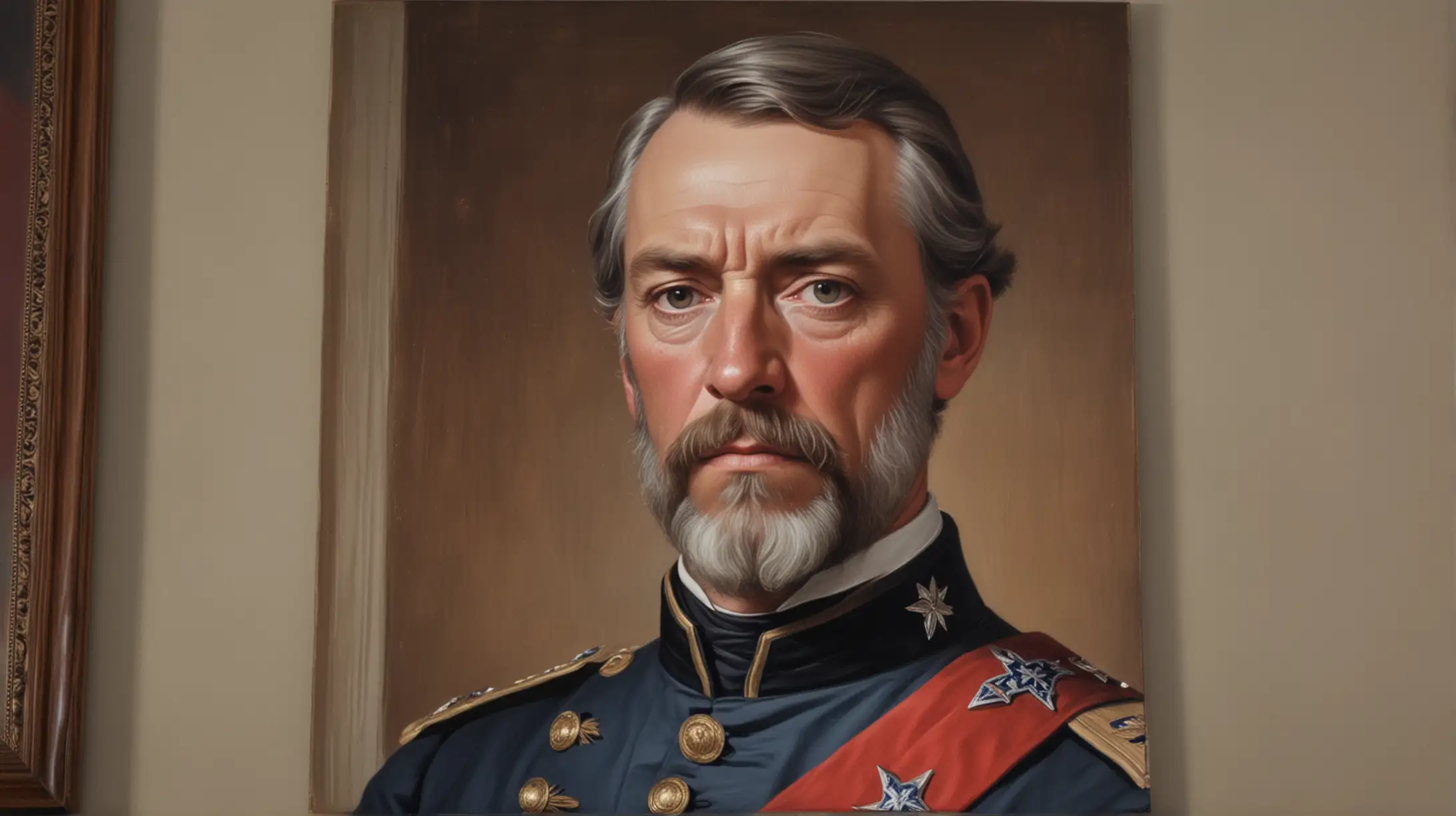 A close-up of a painting of a confederate general in the study of a nice suburban house.