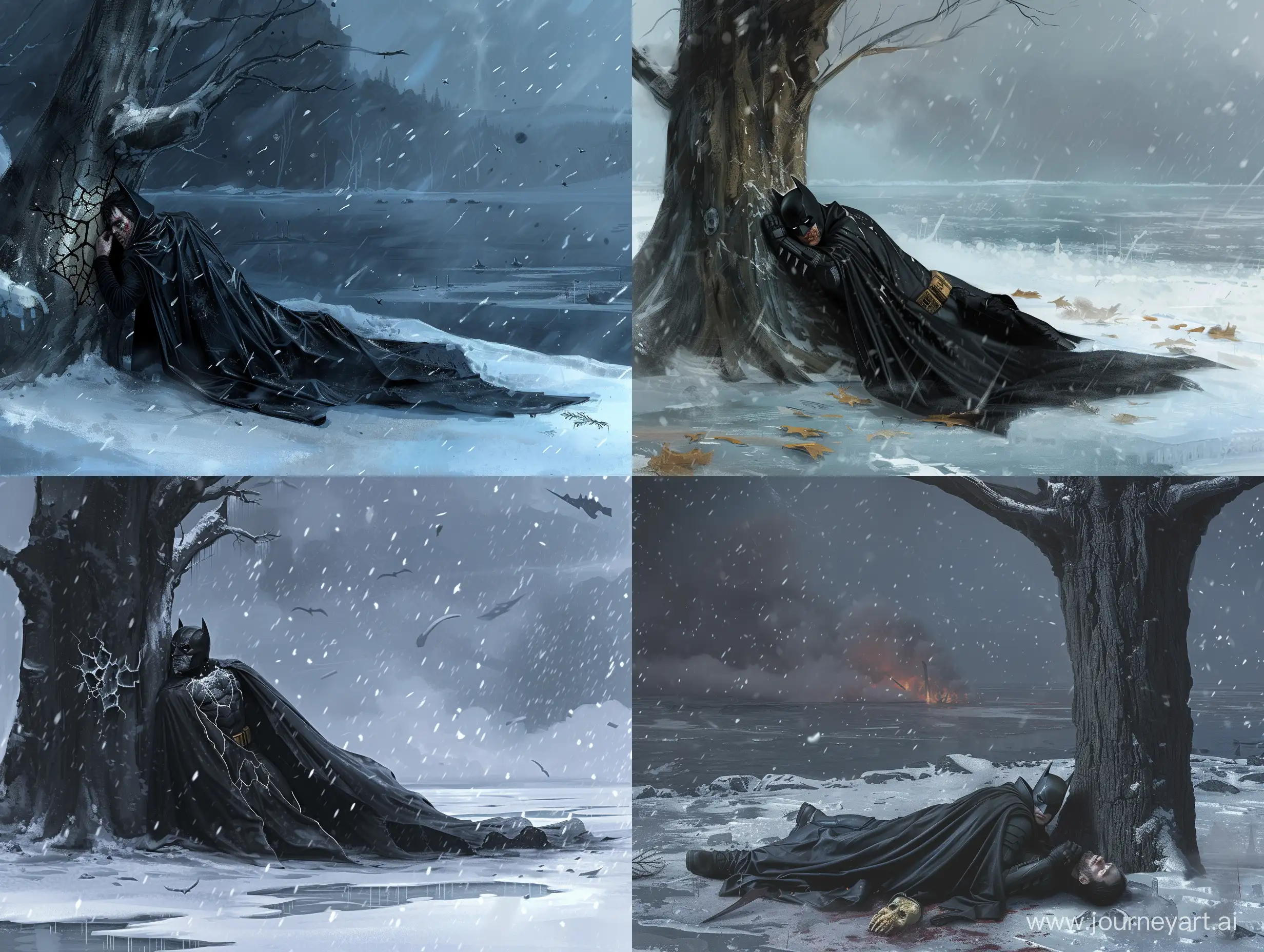 concept art , wounded man in a black cape suit, lying leaning against a tree, cracked mask, huge thermo blast on an icy lake, snowstorm