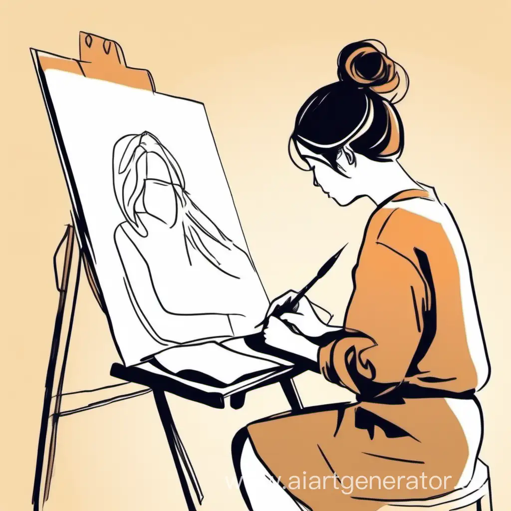Минималистичный рисунок, на изображении показано как девушка занимается рисованием, теплые тона