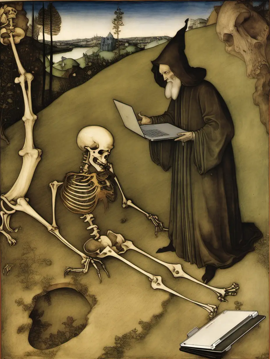 pisanello painting depicting a wizard raising a skeleton from the ground and looking at a laptop computer