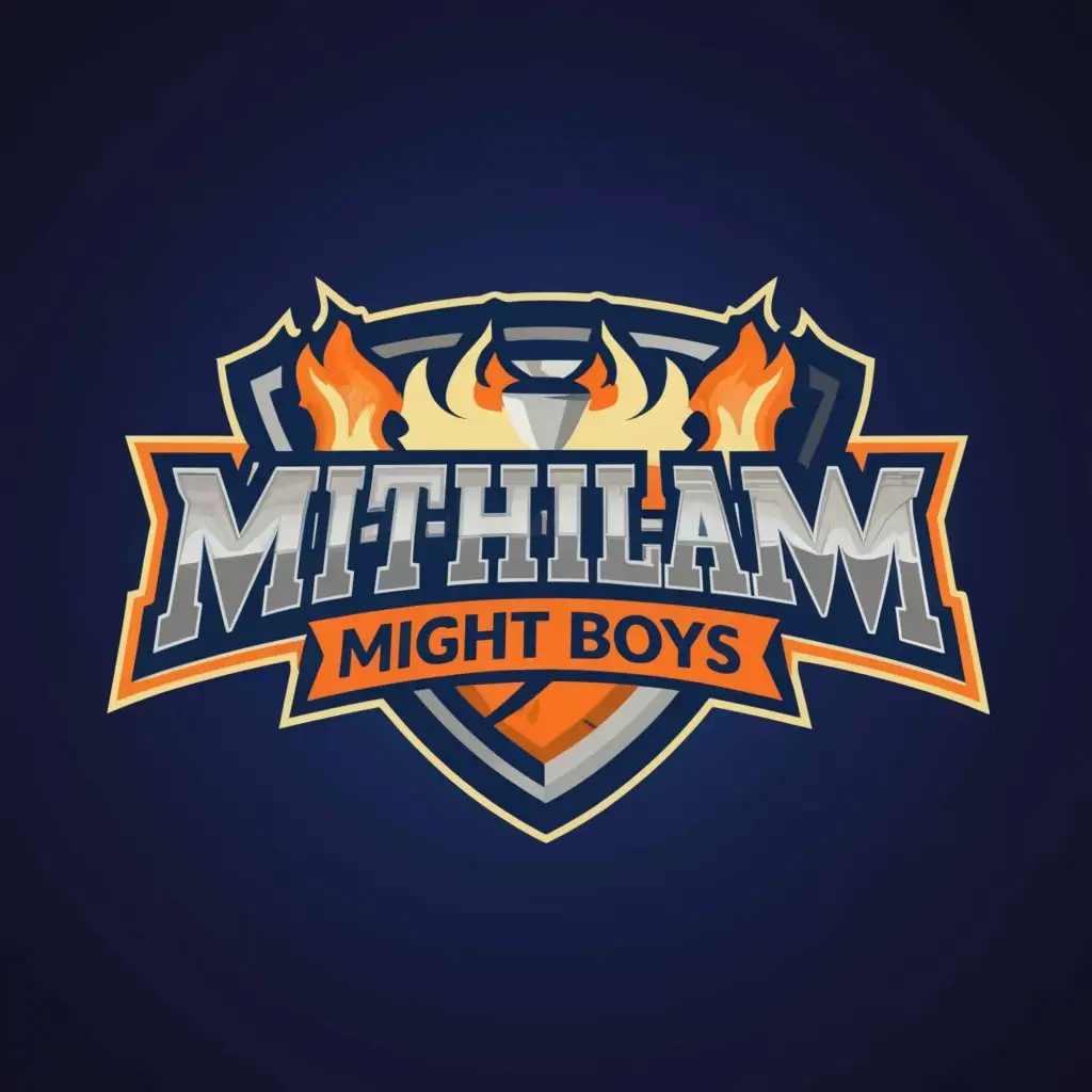 a logo design,with the text "Mithilam Mighty Boys", main symbol:Champion,Moderate,be used in Sports Fitness industry,clear background