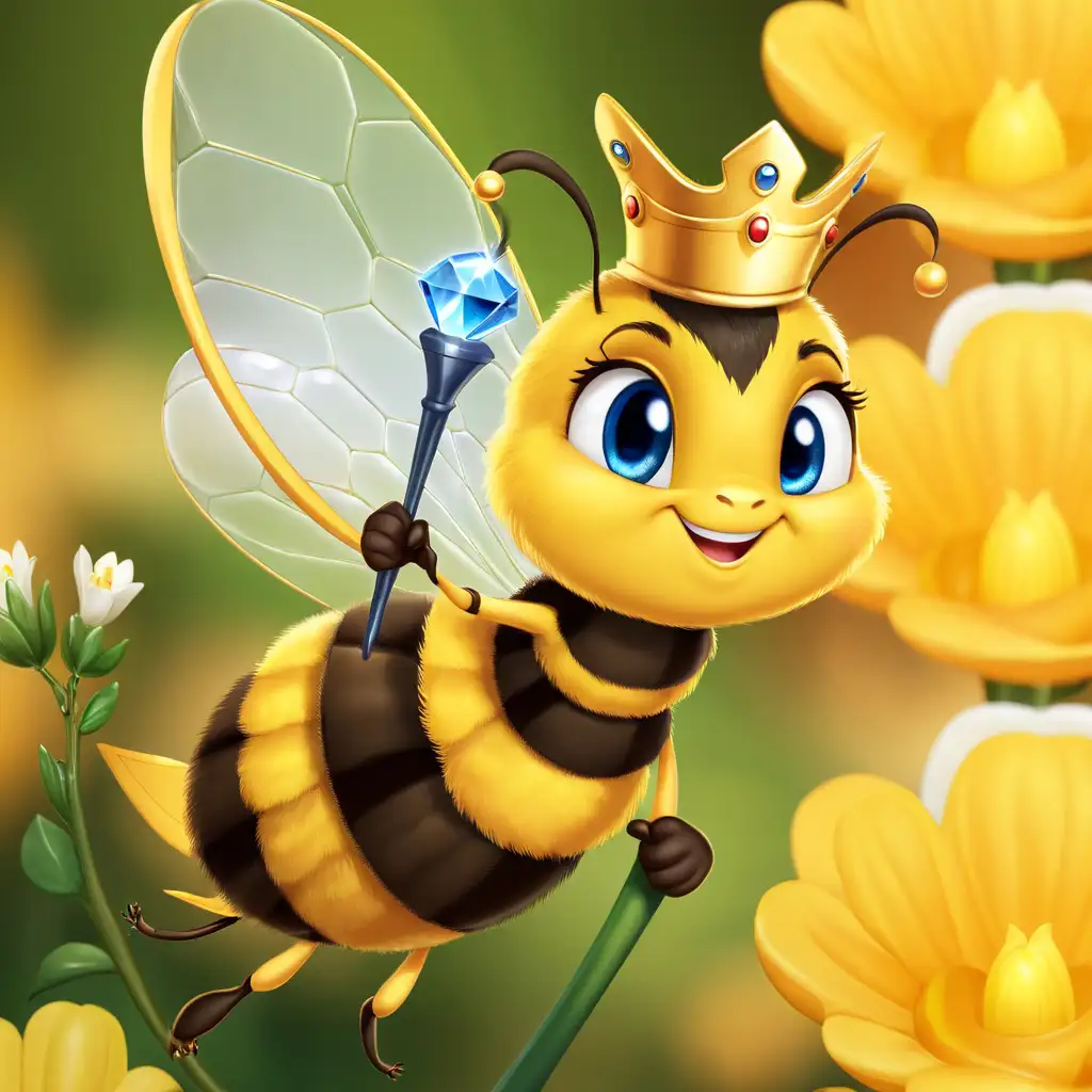 一只可爱的小蜜蜂，微笑着，蓝色的眼睛，煽动着翅膀，戴着皇冠，手握着权杖宝，背景是白色
