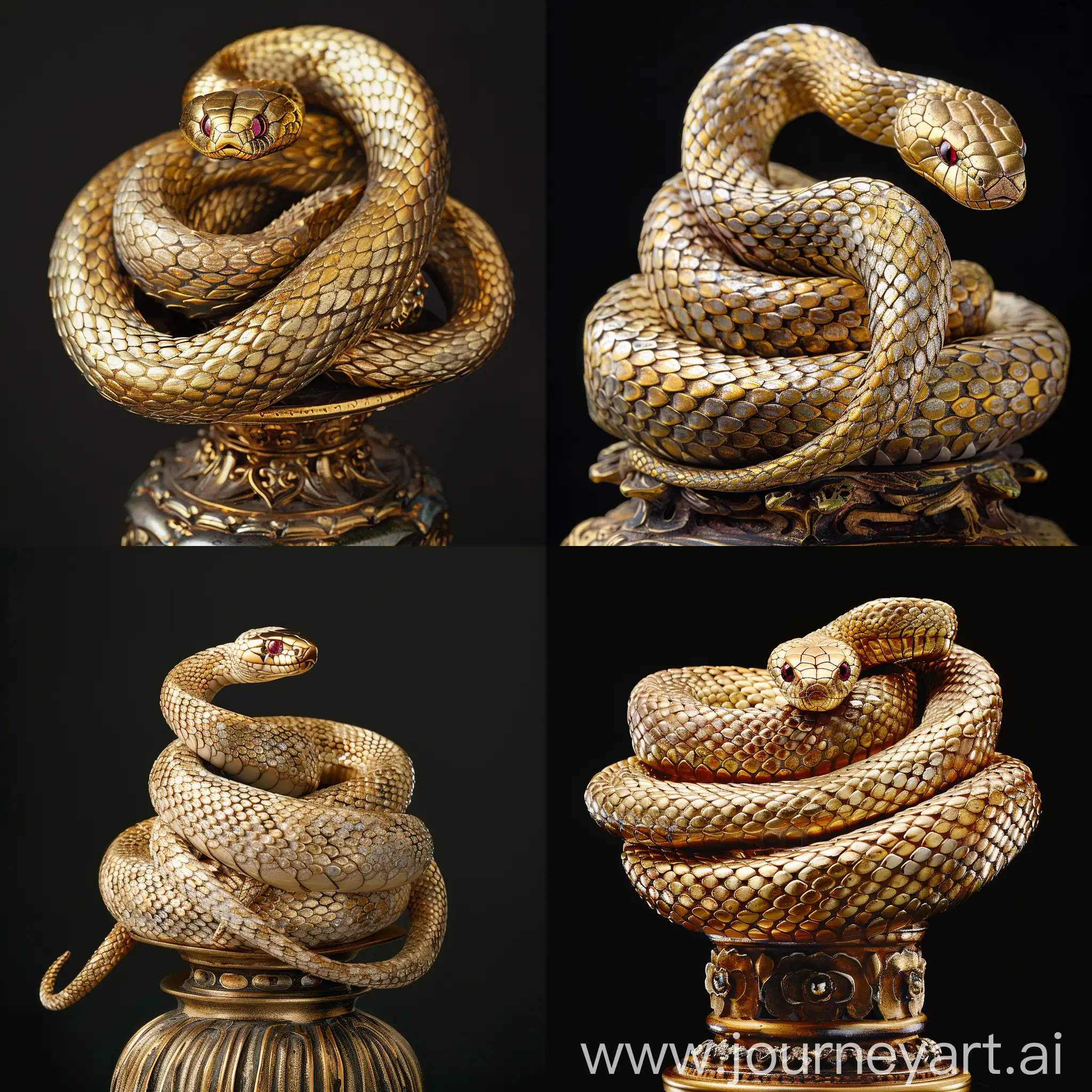 змея в китайском стиле, золото, платина, эмаль, в глазах рубины,
лежит клубком на постаменте в китайском стиле, резко везде
