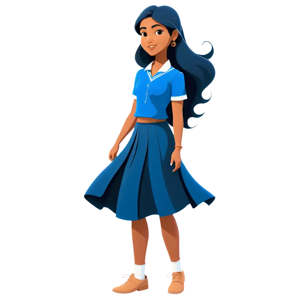 2d vector art, Simple an Indian School b Girl  in a Blue shirt and dark blue long skirt