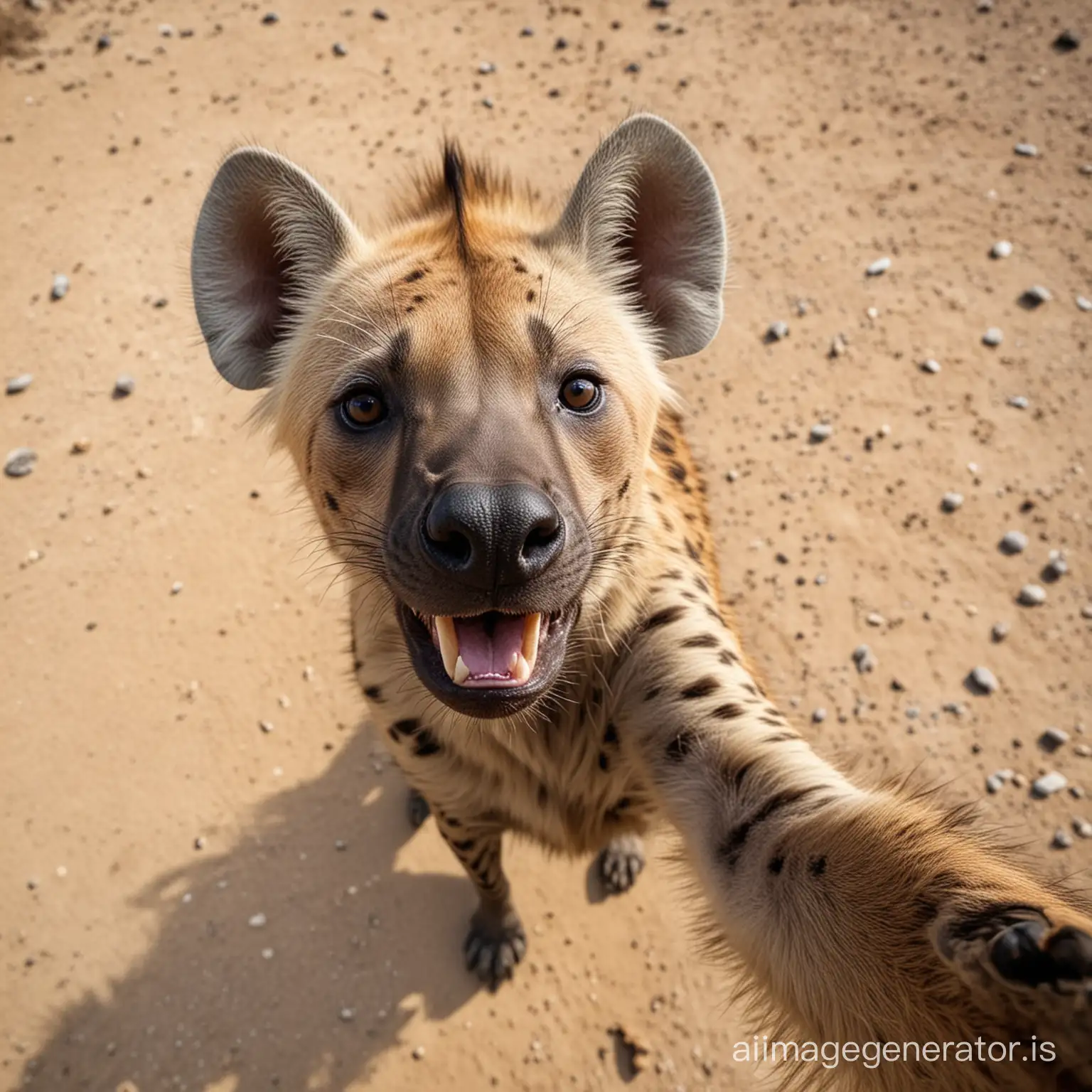 a hyena takes a selfie the photo is taken from above it, very realistic photo, no blur