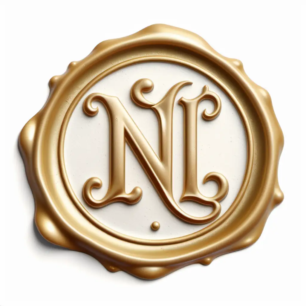 gold wax seal with the letter N and the letter L in the center as a monogram, no other letters in image, pure white background with no shadows behind seal