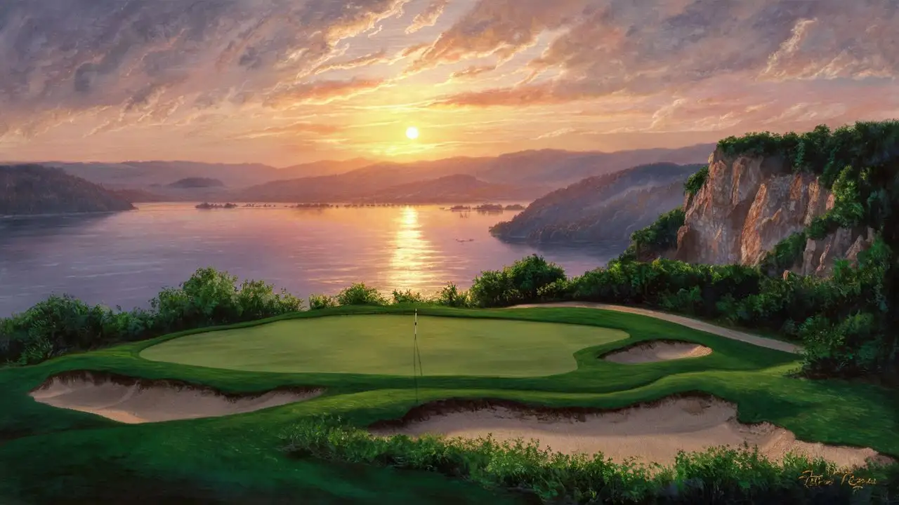painting of top of the rock golf course Perched high atop the bluffs,  and stare straight at the magnificent view of Table Rock Lake from the tee as the sun sets