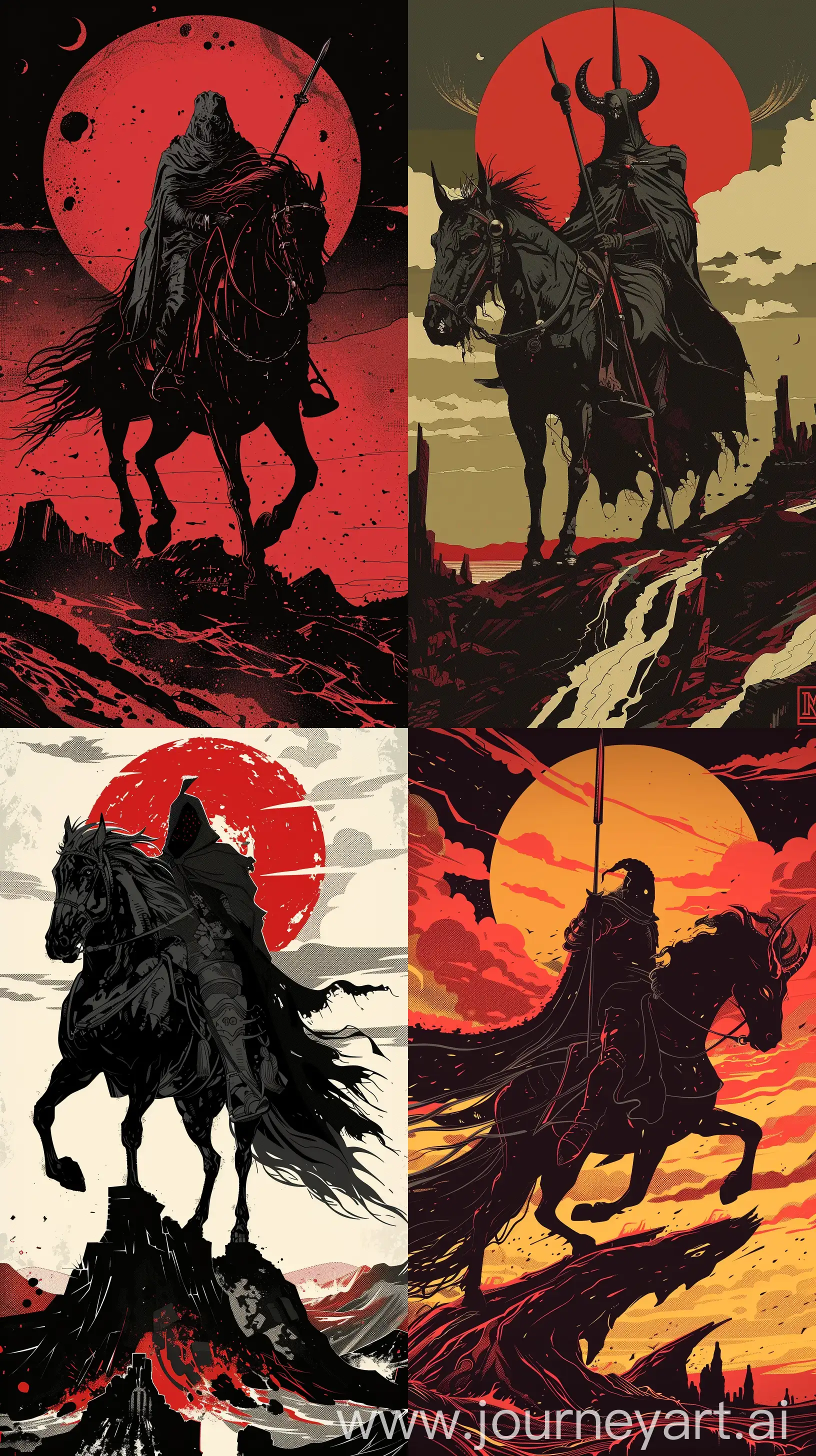 Depict a reimagined version of one of the Four Horsemen of the Apocalypse, adhering to Mignola's aesthetic. The character should be striking, with solid blacks and a minimalistic approach, set against a landscape that reflects the horseman's domain, whether it be war, famine, pestilence, or death. Phone wallpaper 8k uhd Maximalist Details, --ar 9:16
