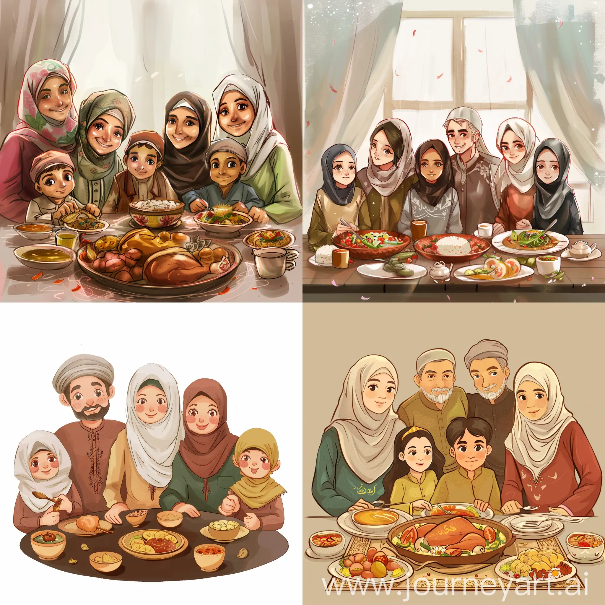 Draw an image of a Muslim family in which husband and wife are 50 years old with their three children age 27, 25, 24. Three children include two girls and one boy who is a middle child. The family is celebrating Ramadan and meal is in front of them.