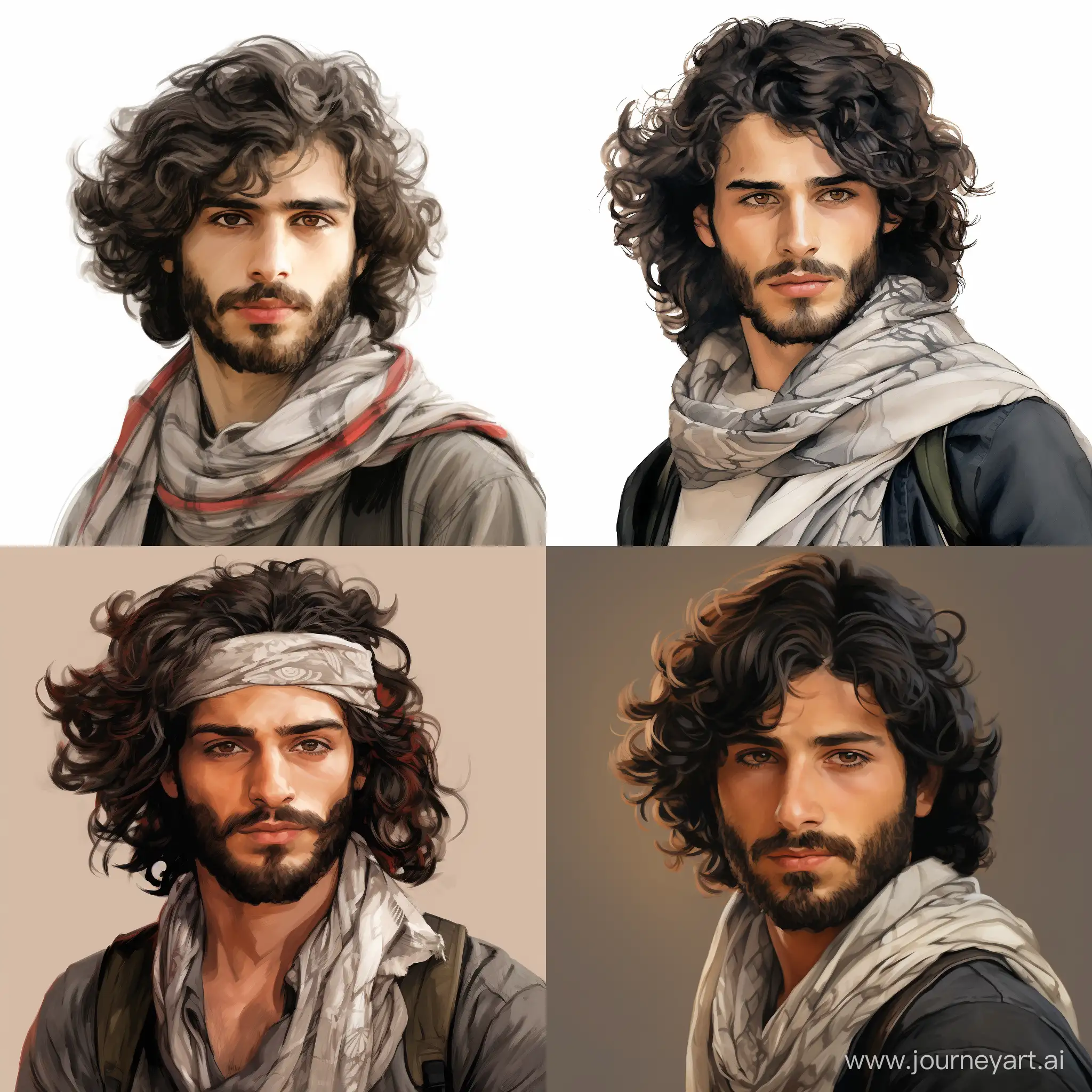 Draw a Palestinian, young man with pale skin in his 20s with a Keffiyeh worn as a scarf and medium length curly black hair styles as a mullet and a connected beard that is not very thick