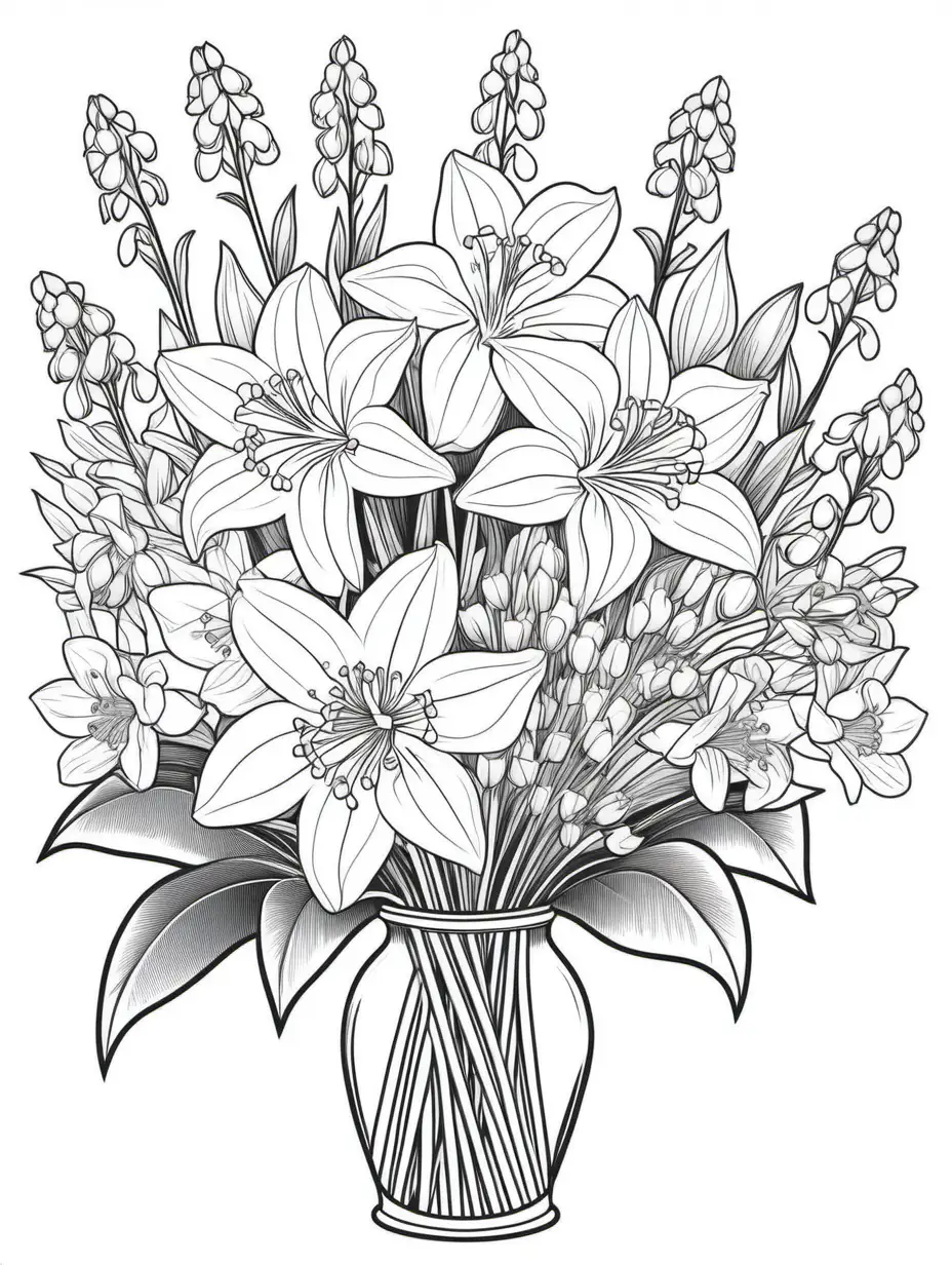 clean black and white, white background, adult coloring book style drawing, 2D, simple line drawing, vector, fill page with a wedding bouquet of bluebells and other flowers
