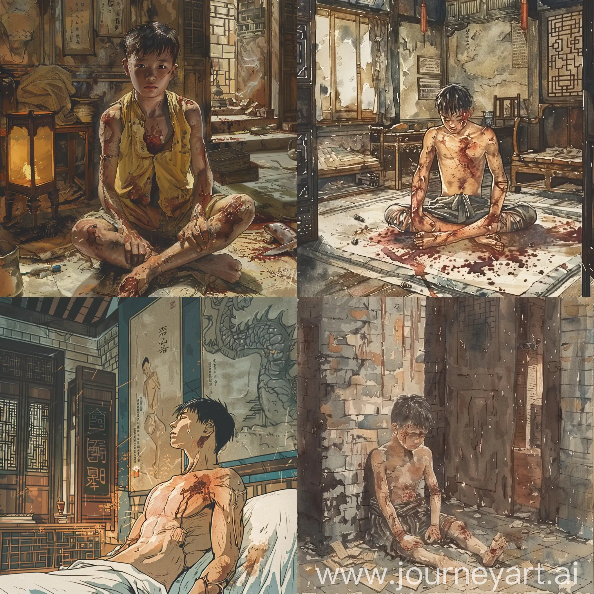 In an ancient Chinese room, a fifteen year old Chinese boy had wounds on his body and slowly woke up