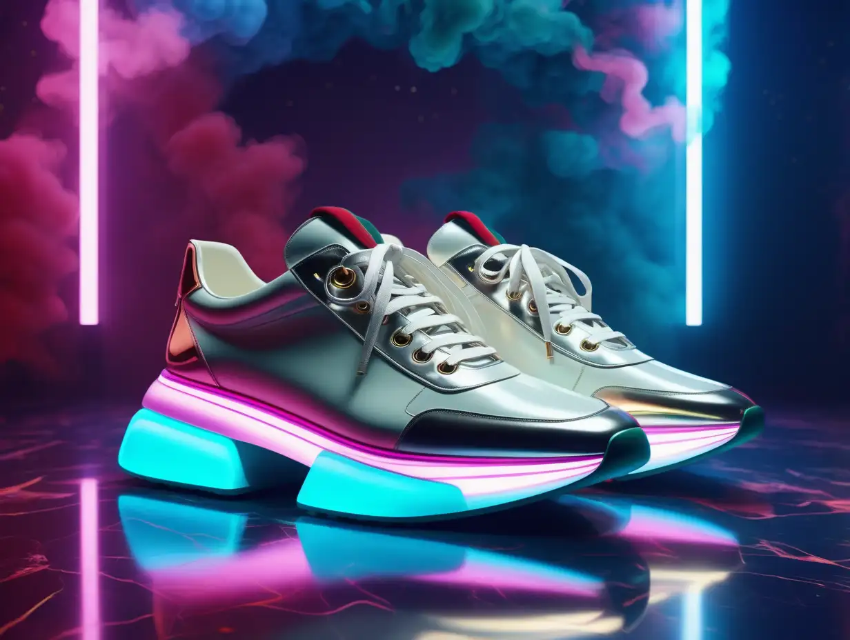 a pair of Gucci sneakers, high fashion futuristic style, robotic shiny materials, on a space - like environment background, colourful smokes, colourful background spotlights, ultra high quality, beautiful detail glow, futuristic environment, 8K, --ar 4:3 --v 5.2 --s 750 --style raw