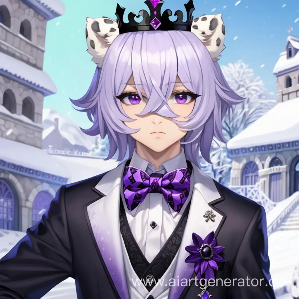 Goth-Prince-Snow-Leopard-VTuber-with-Small-Crown-and-Purple-Bow-Tie