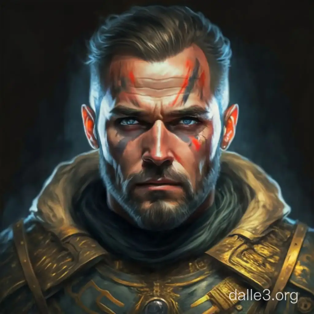 an experienced military commander and a tough captain of the guard, adamant and demanding. His face reflects many battles fought in difficult conditions, and eyes that observe the world with a sharp gaze. A serious and military-experienced soldier, he has seen many mercenaries, and his skepticism towards new groups is evident in his every move. fantasy style, character for a tabletop role-playing game, drawing