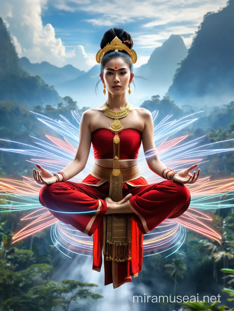 Beautiful Indonesian female warrior from the Majapahit royal dynasty wearing a small gold necklace like a queen, wearing a red camisole (kemben), long black hair tied in a bun, doing floating meditation (hand namaste), floating in the air, surrounded by energy from her whole body, and a machine that unreal 5, unreal volumetric mixed color lines, blue red white, lighting all over him, eyes to camera, rainforest background, mountains