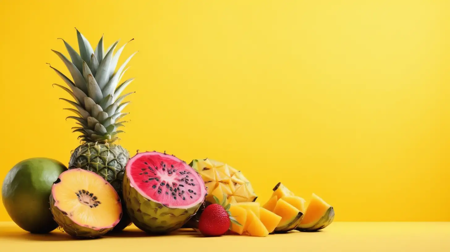 tropical fruit on yellow background, copy spcae