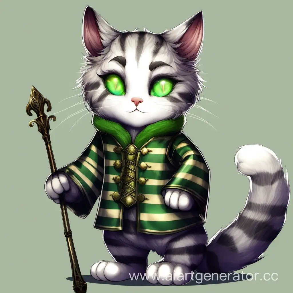 Humanoid cat, gray striped fur, green eyes, short fur. He is a bard with lire.