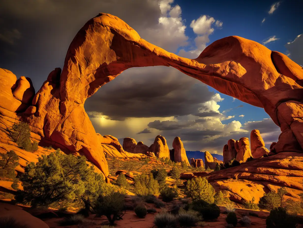 Skyline Arch in Arches National Park Late Afternoon Glow under Dramatic Sky