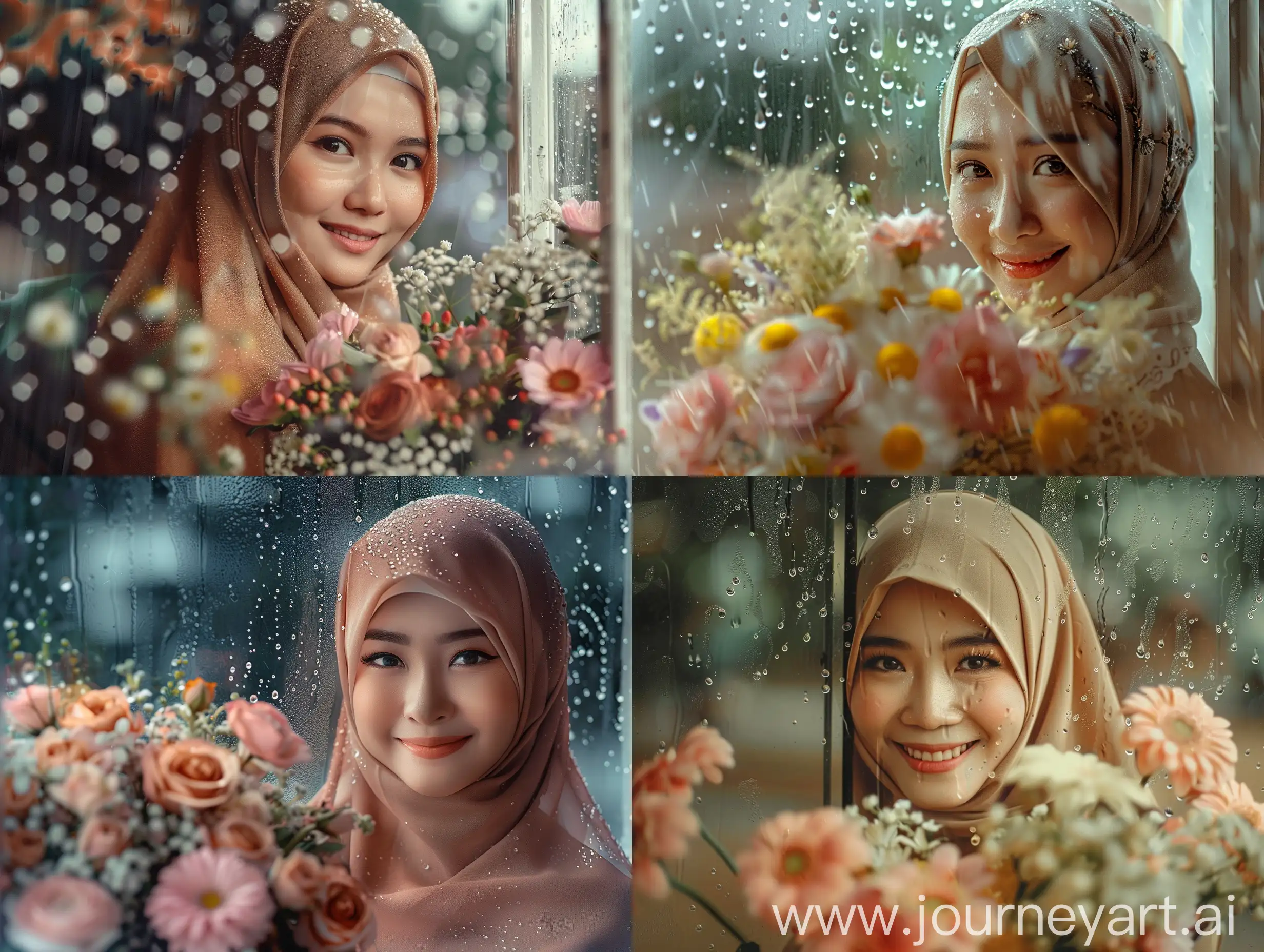 seorang perempuan Indonesia berhijab sedang tersenyum manis di balik kaca jendela yang terkena tetesan air hujan, ada setangkai bunga, kualitas HD, realistis.