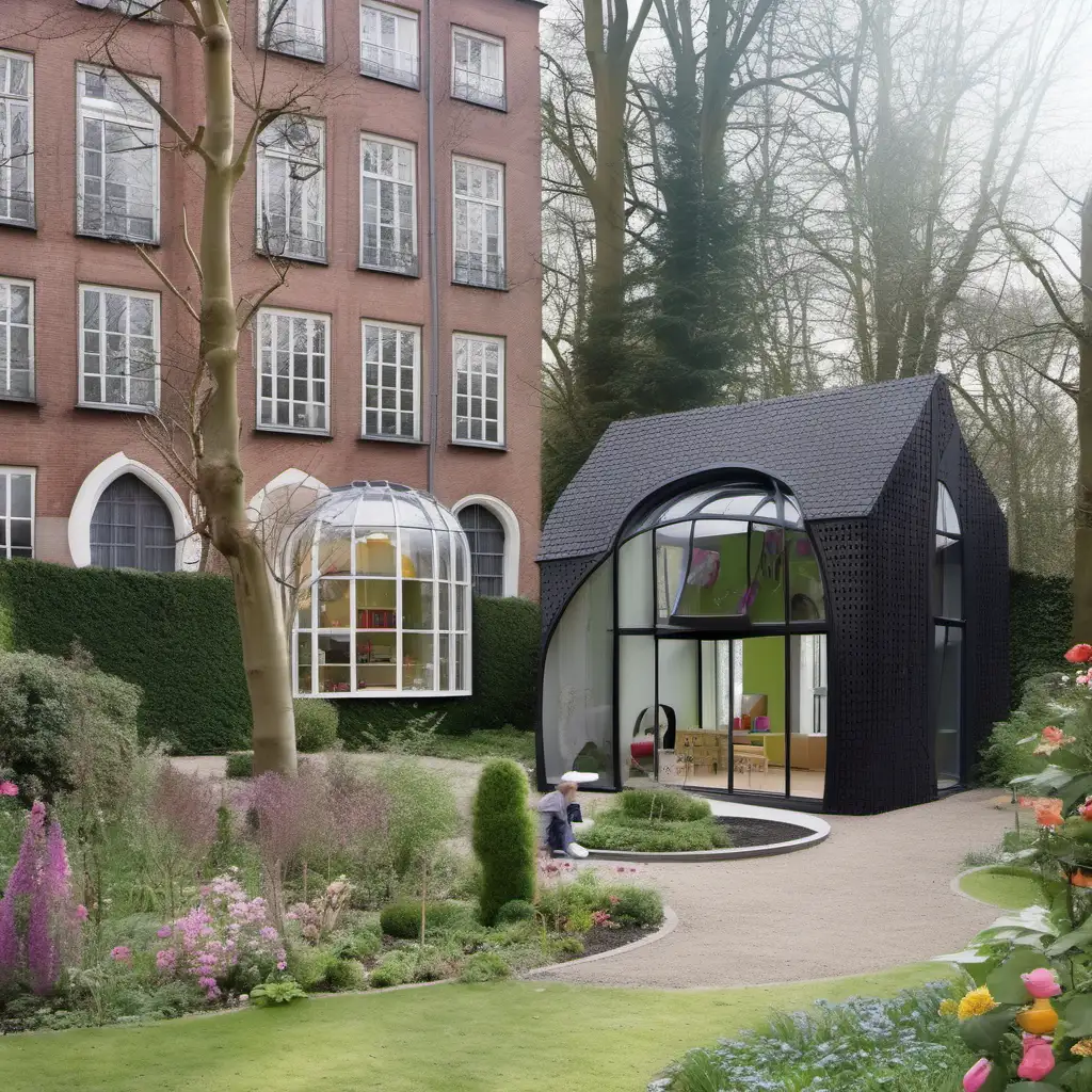 Imagine a garden folly in de style of MVRDV architect, in this garden. To live in for two people.  It's a sunny day.