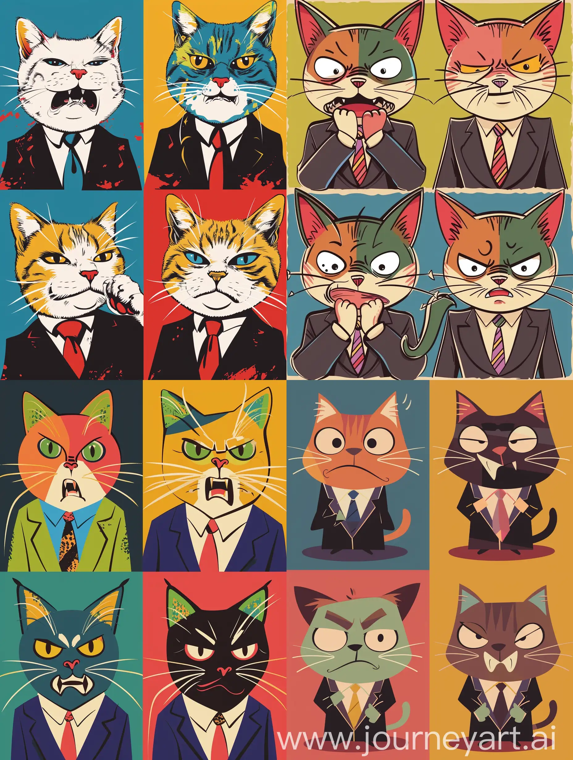 cat, wearing a suit and tie,fourcute poses and expressions, simlesad, angry, anticipation.different emotions,multiple poss and expressions, childish,vectorillustration,henry maisse's colors,henrey mattisse's lithograph,colorfulgio，Zoom Out 2x--niji 5=-styleexpressive
