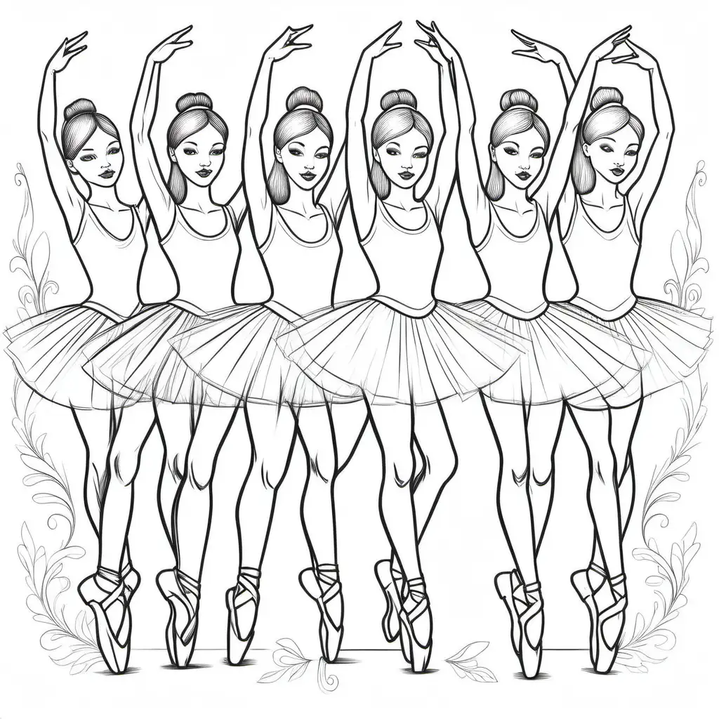 Design a coquette style coloring page with multiple ballerinas on pointe,don’t include pencil