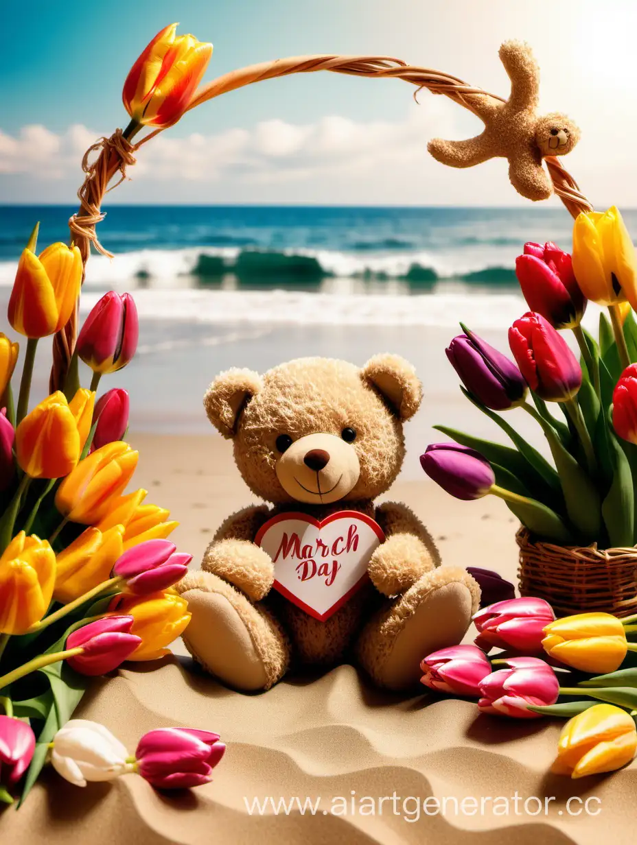 Пляж солнце море песок банер с 8 марта международный женский день серфинг алкоголь много цветов тюльпаны позитив медвежонок с букетм