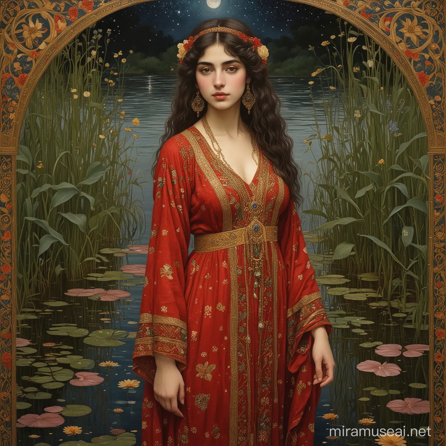 ghajar persian girl Graphics in the art nouveau style of artist Gustav Klimt. The graphics have borders with floratures. In the picture,  stocky build is standing in the water.. He wears only a red linen loincloth. Water, reeds and bamboo and persian carpet in the background. It is a dark night and only the stars shine in the sky.