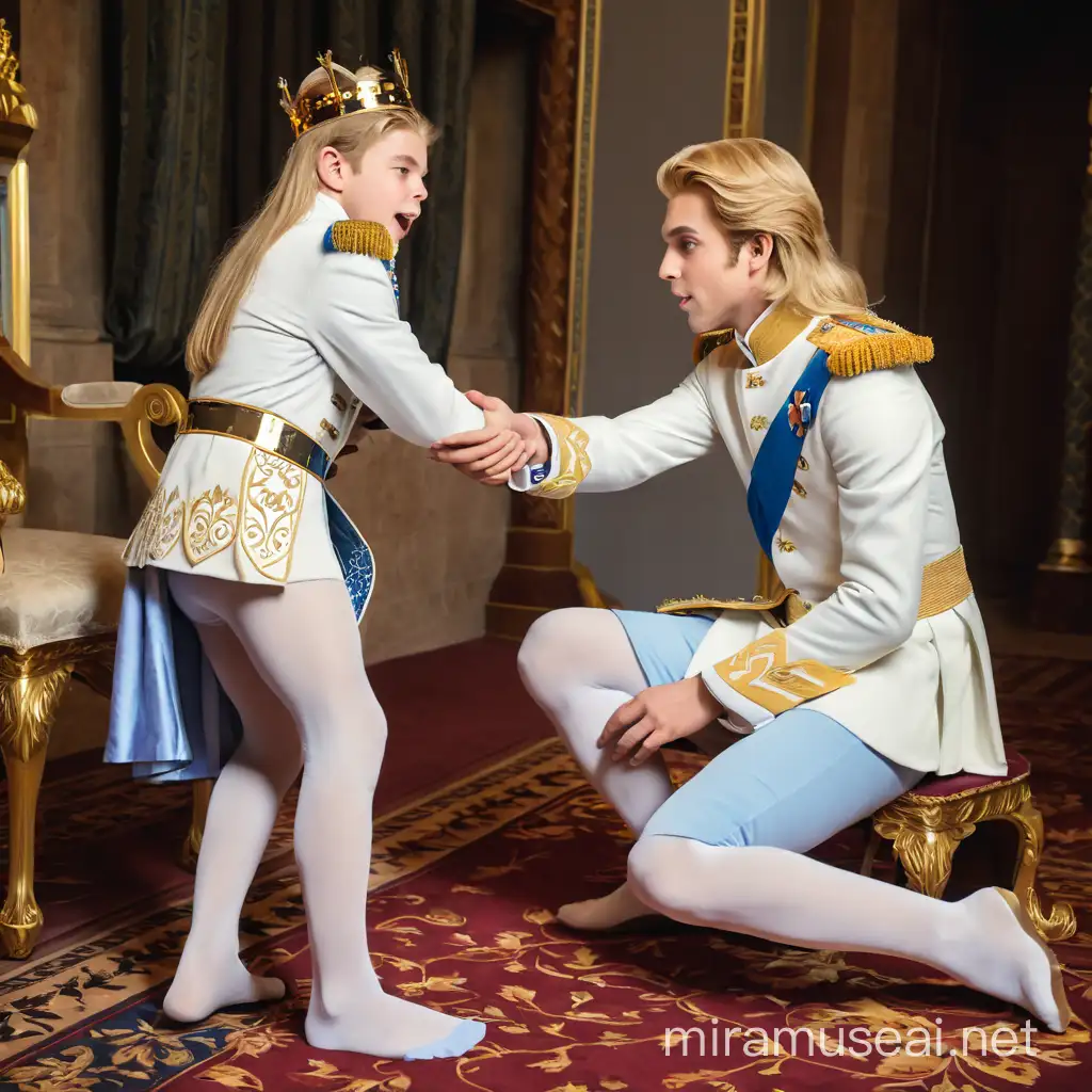A pretty 12-year-old prince with long blonde hair, wearing a blue prince costume and white stockings, is surprised when the king touches his knee.