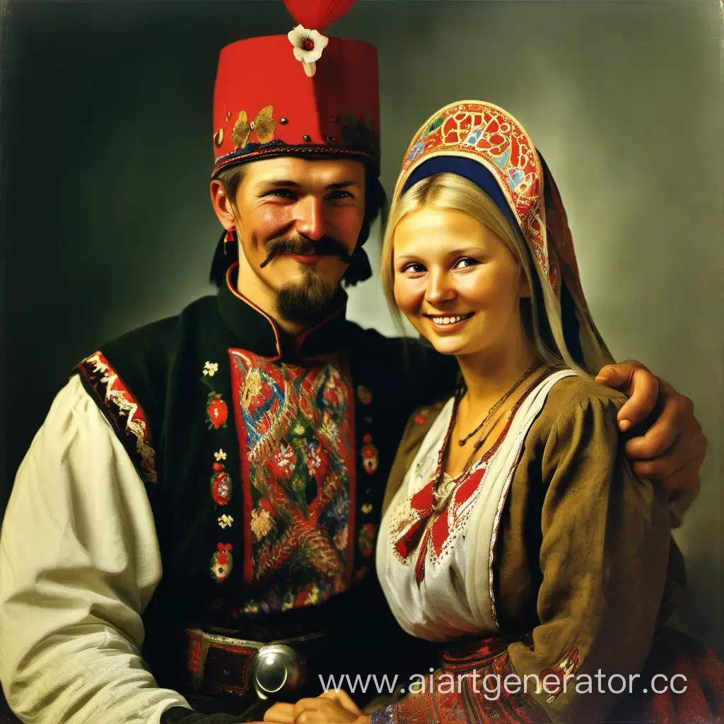 счастливый молодой человек казак с  женой полячкой