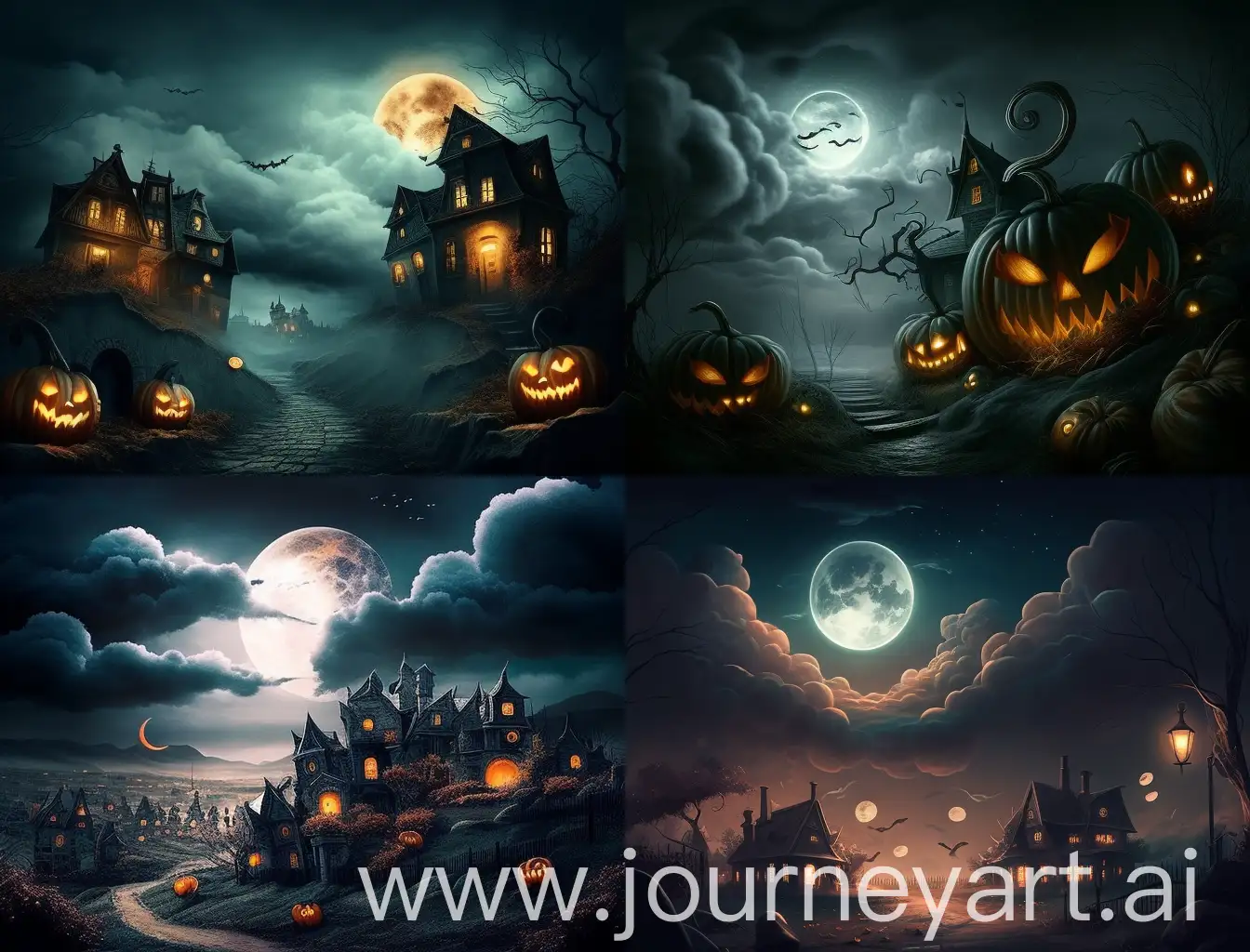 spooky Halloween town at night with pumpkins and ghostly clouds