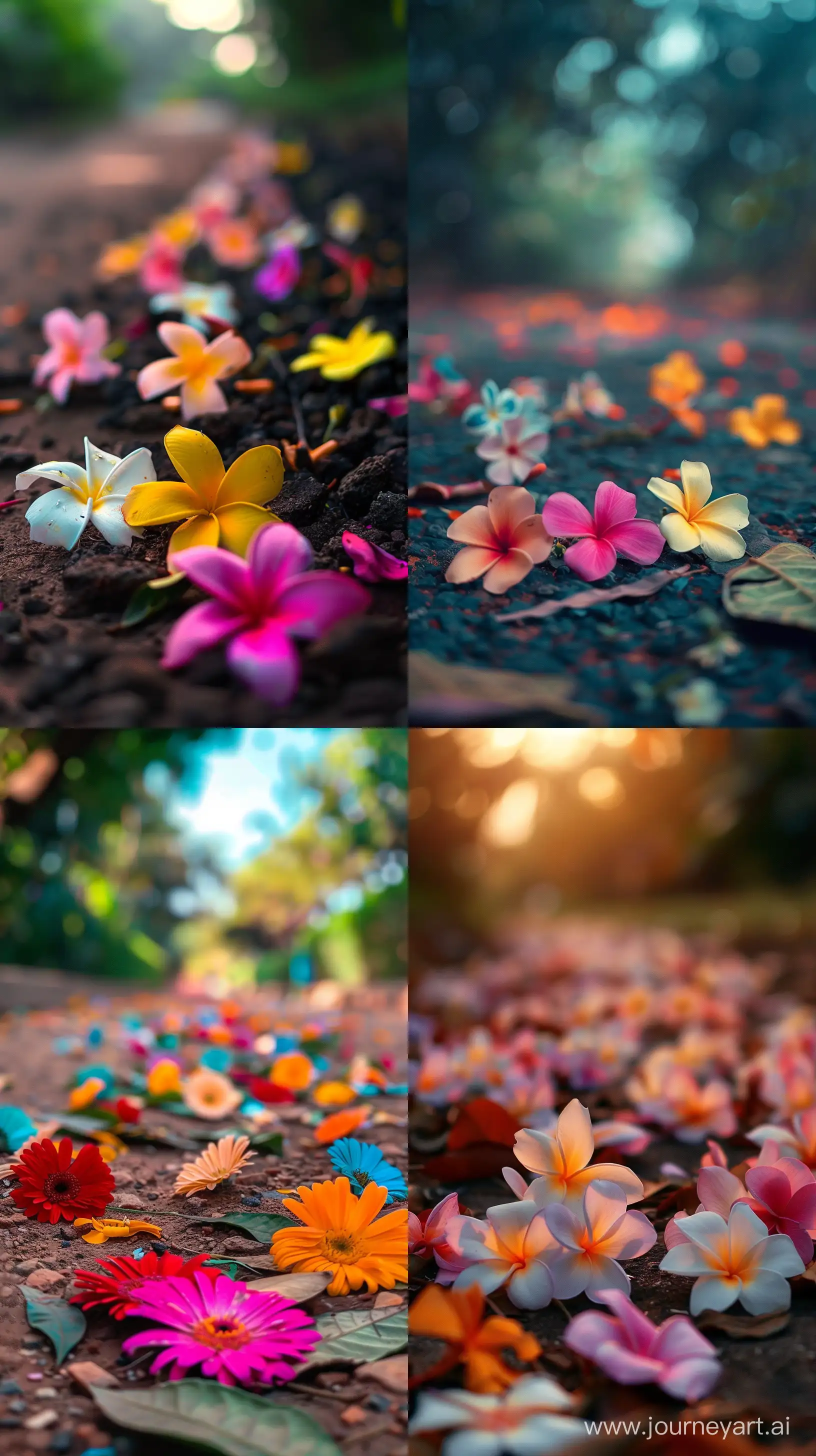 Realistic colorful images depicting beautiful Parijat flowers lying in the ground, intricate details, serene scenery, 8k quality images --ar 9:16 --v 6