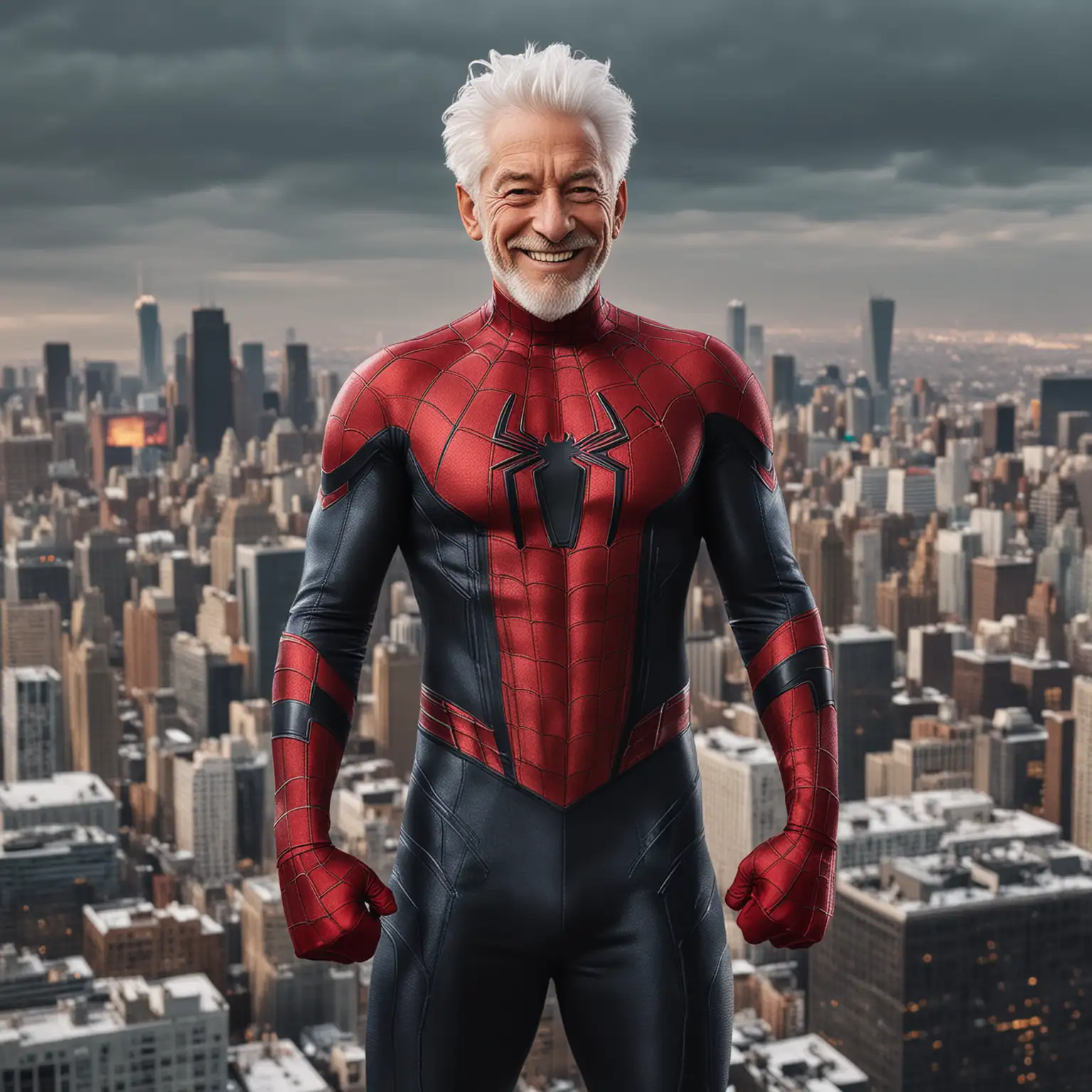 Older man in superhero spiderman suit with white hair and a dark  cityscape behind him he is smiling
