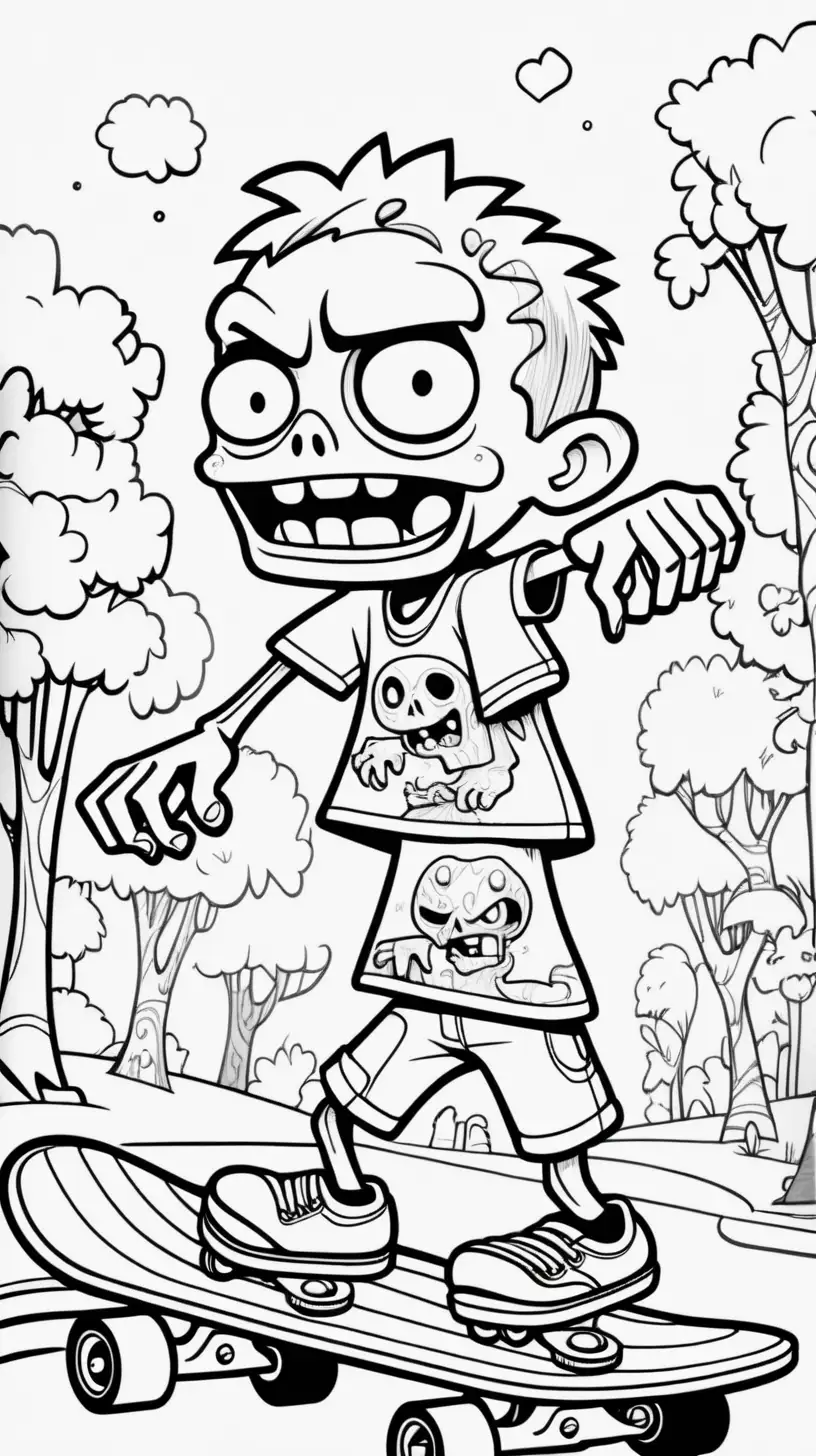 funny cute happy  zombie character black and white coloring image, cartoon fantasy style, thick black lines, on a skateboard, park background