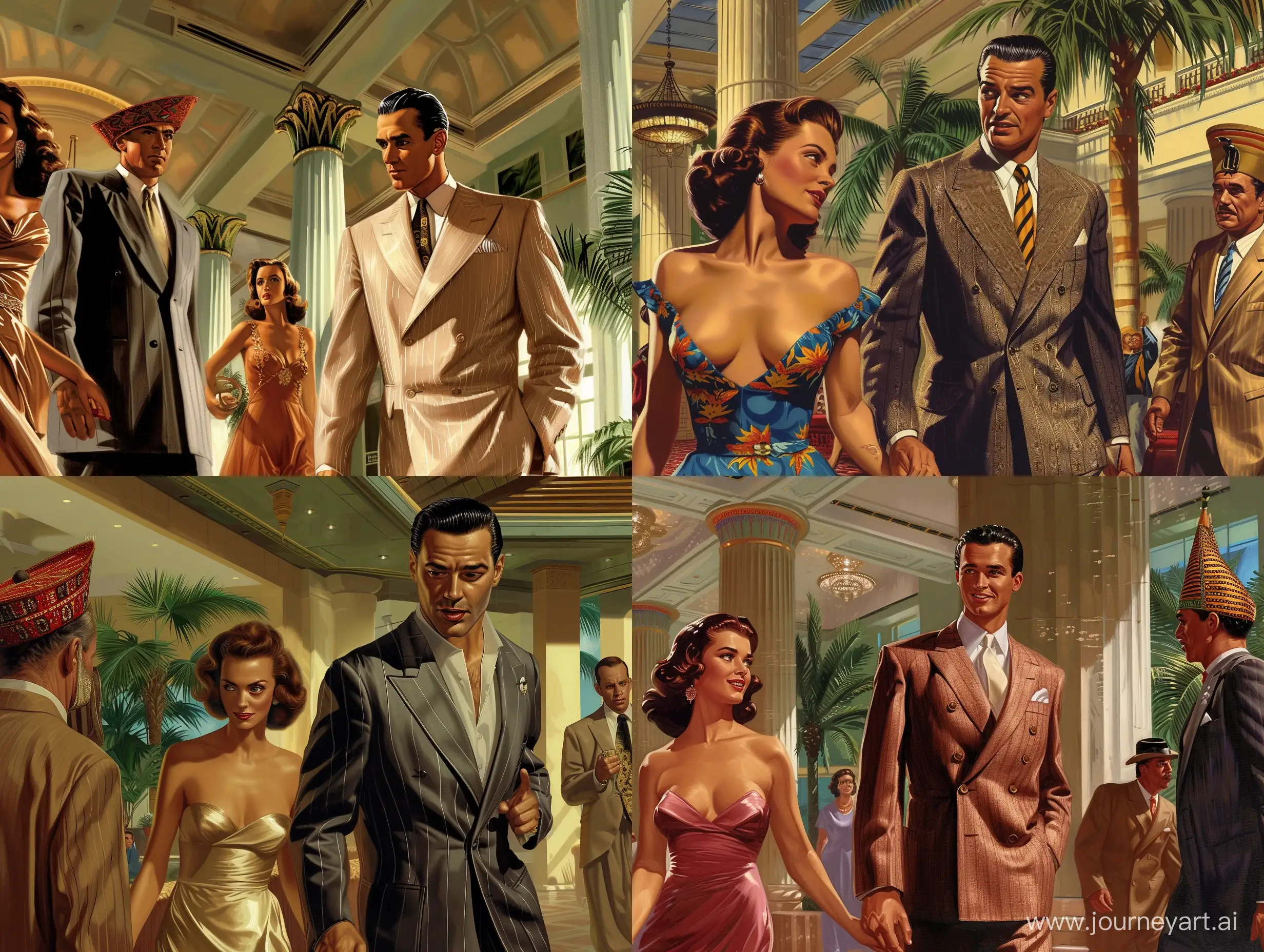 Robert Maguire style Pulp art of a glamorous 1940s handsome actor man with slicked-back hair wearing formal 1940s suit inside a 1940s Miami hotel lobby, and walking with a woman wearing 1940s low-cut evening dress, with a man wearing Egyptian fez hat and 1940s formal suit standing nearby and looking. --v 6 --ar 4:3 --no 27759