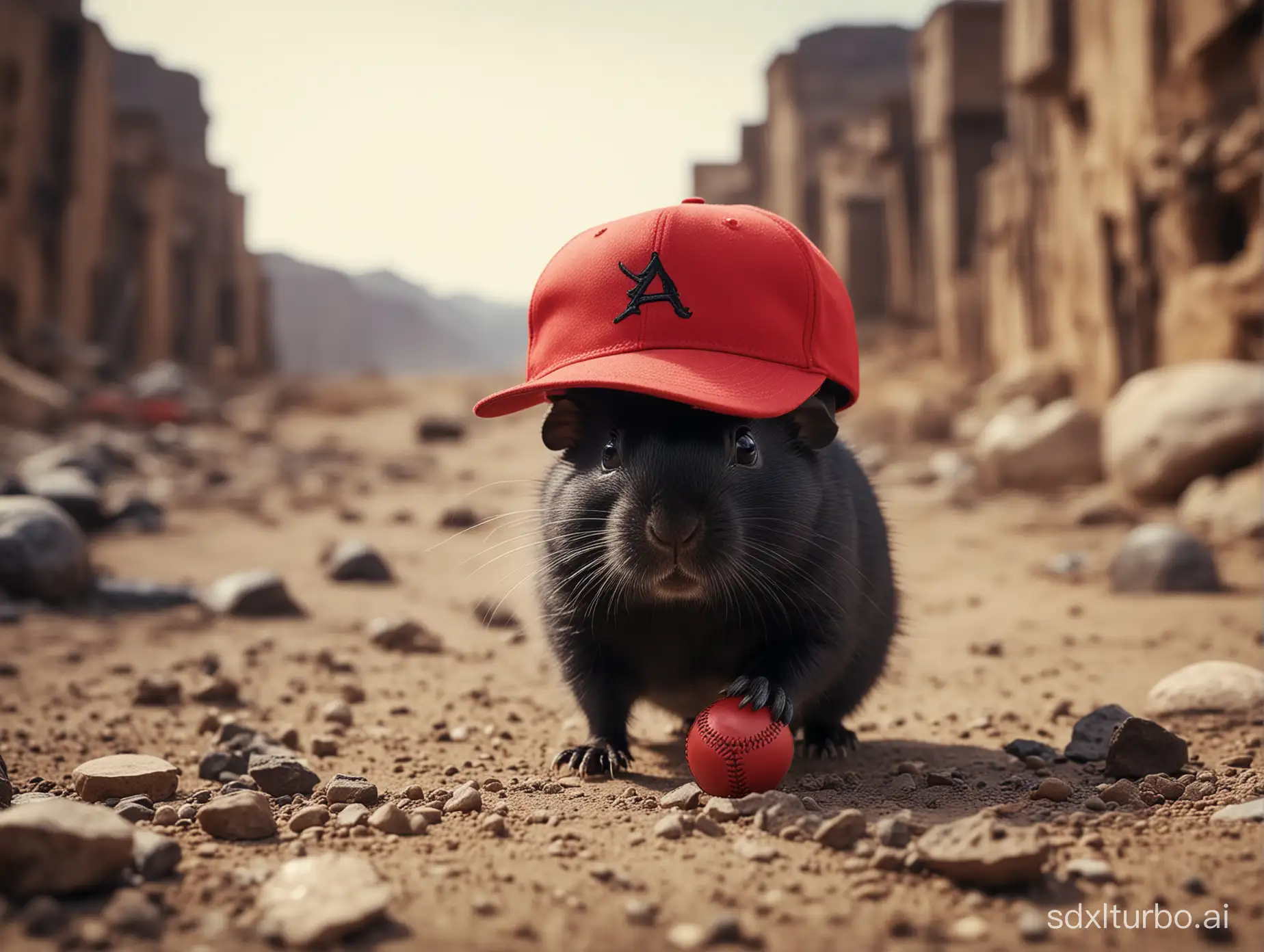 cinematic still side view of a black adult gerbil jumping in the wastelands with a small red baseball cap on the head . emotional, harmonious, vignette, highly detailed, high budget, bokeh, cinemascope, moody, epic, gorgeous, film grain, grainy