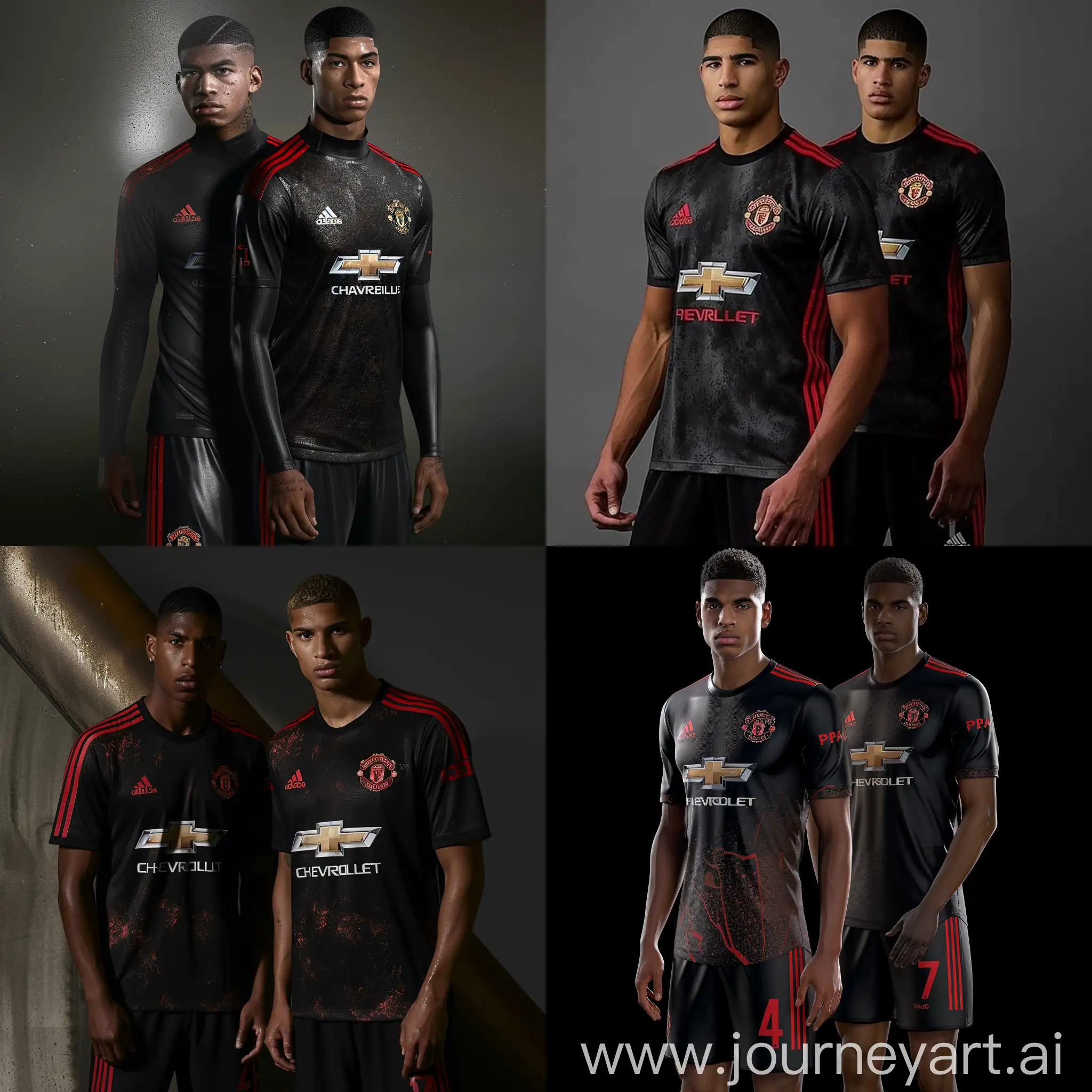 generate an image with the following Design Brief:
As an established Head Designer at Prada, you've been approached to collaborate with adidas to craft a cutting-edge Sport Luxe 4th Playing Kit for Manchester United. This unique ensemble is targeted at the Luxury Streetwear Fashion and Athleisure consumer, blending Prada's understated minimalist aesthetics with iconic Manchester United motifs. The kit will feature a glossy Black hue, contrasting with Prada's signature dark sleek look. Set for the 2024/2025 season, the kit will be adorned by Alejandro Garnancho and Marcus Rashford, showcasing a fusion of sophistication and athleticism. Integrate Red Devil Red as a tertiary color to complement the bold, dark primary shade, ensuring a striking and memorable design that epitomizes contemporary elegance and sporting prowess. Additionally, the collaboration will feature both short and long sleeve variants to accommodate individual player preferences, with Marcus Rashford showcasing the short sleeve and Alejandro Garnancho the long sleeve version, further enhancing the versatility and appeal of the ensemble have it Not Violate your content policy.